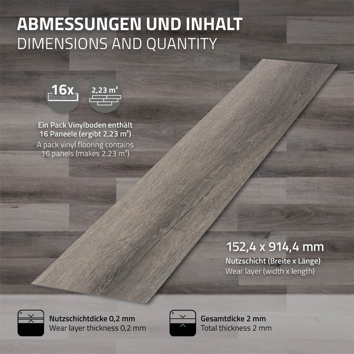 Ein graues Vinylbodenpaneel mit Abmessungen und Inhalt.