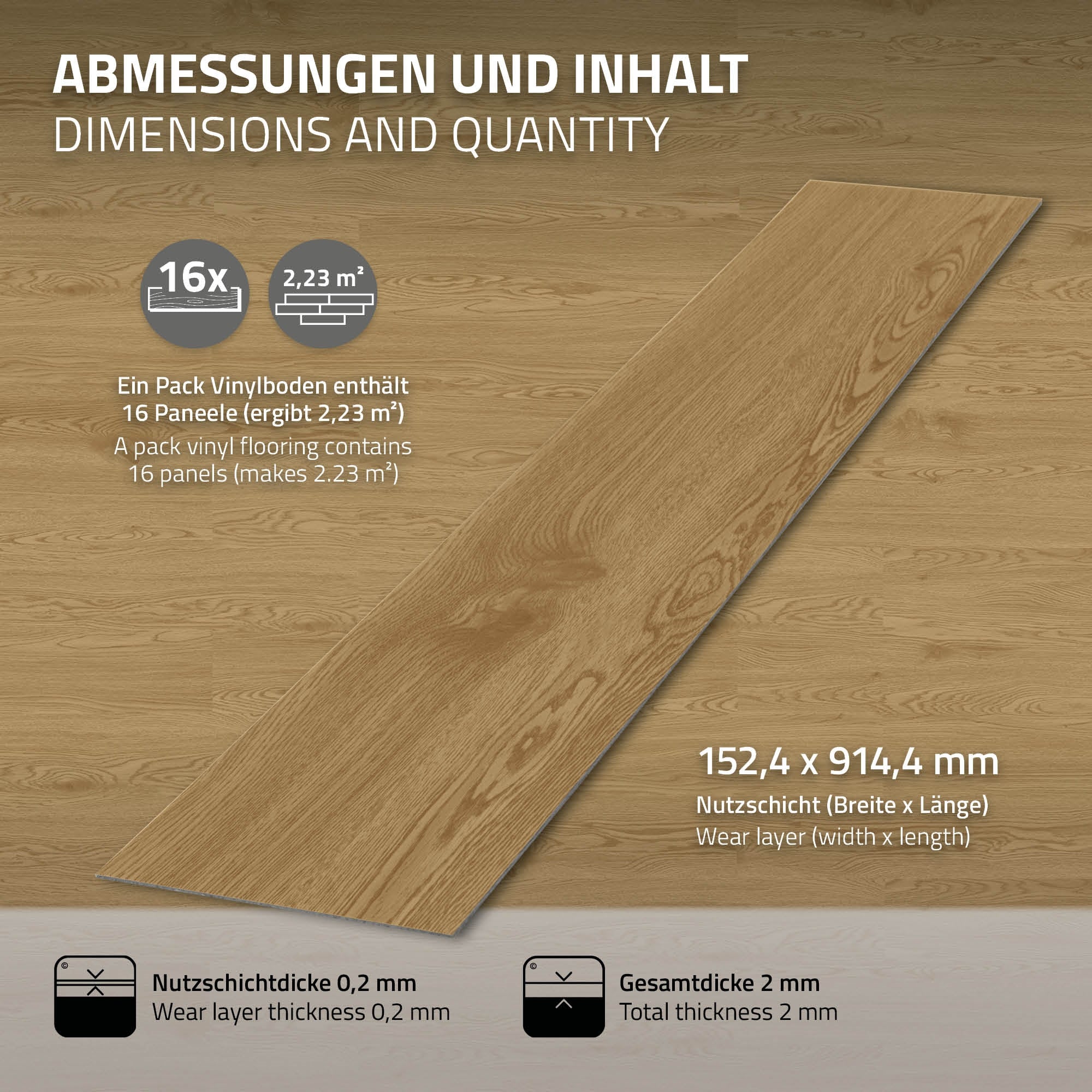 Et vinylgulv med dimensioner og indhold, 16 paneler, 152,4 x 914,4 mm.