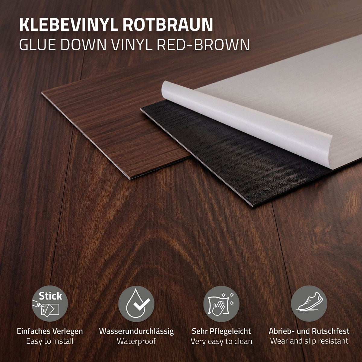 Graphic with information about adhesive vinyl in reddish brown, which is waterproof and easy to maintain.