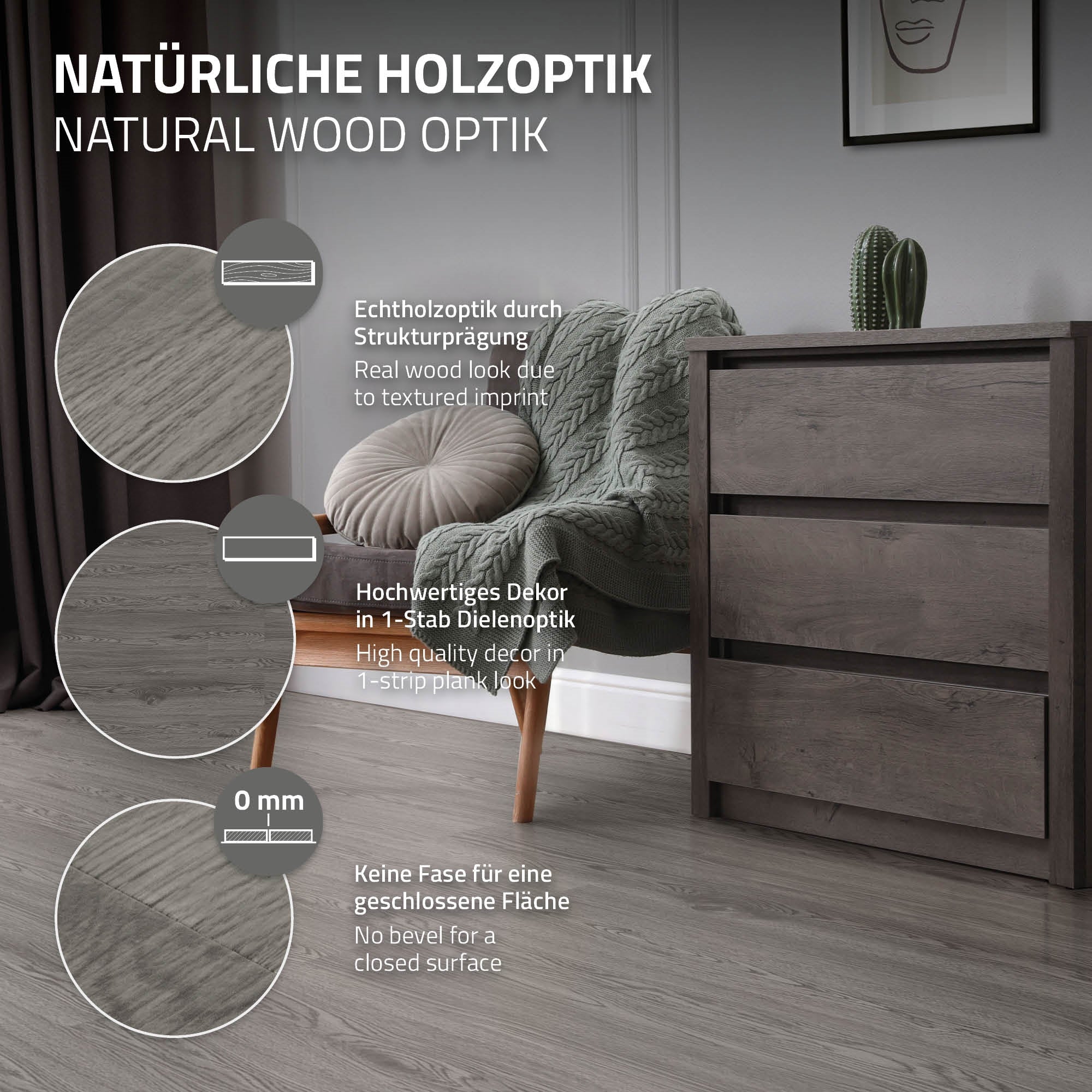 Holzoptik mit Strukturprägung und drei Informationspunkten.