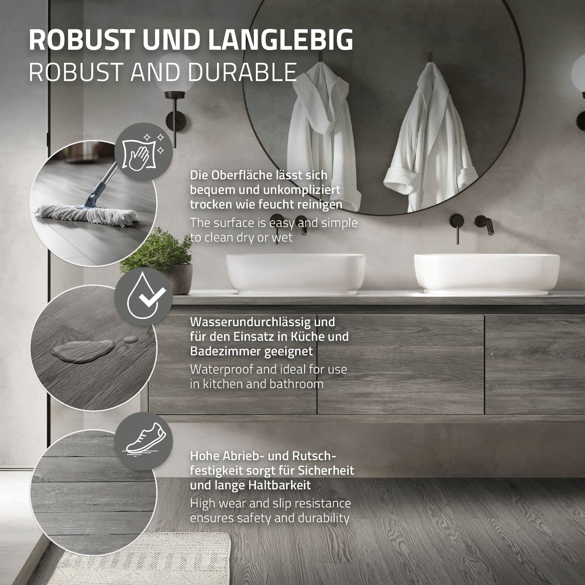 Grafik mit Informationen zu robusten und langlebigen Oberflächen für Küche und Bad.