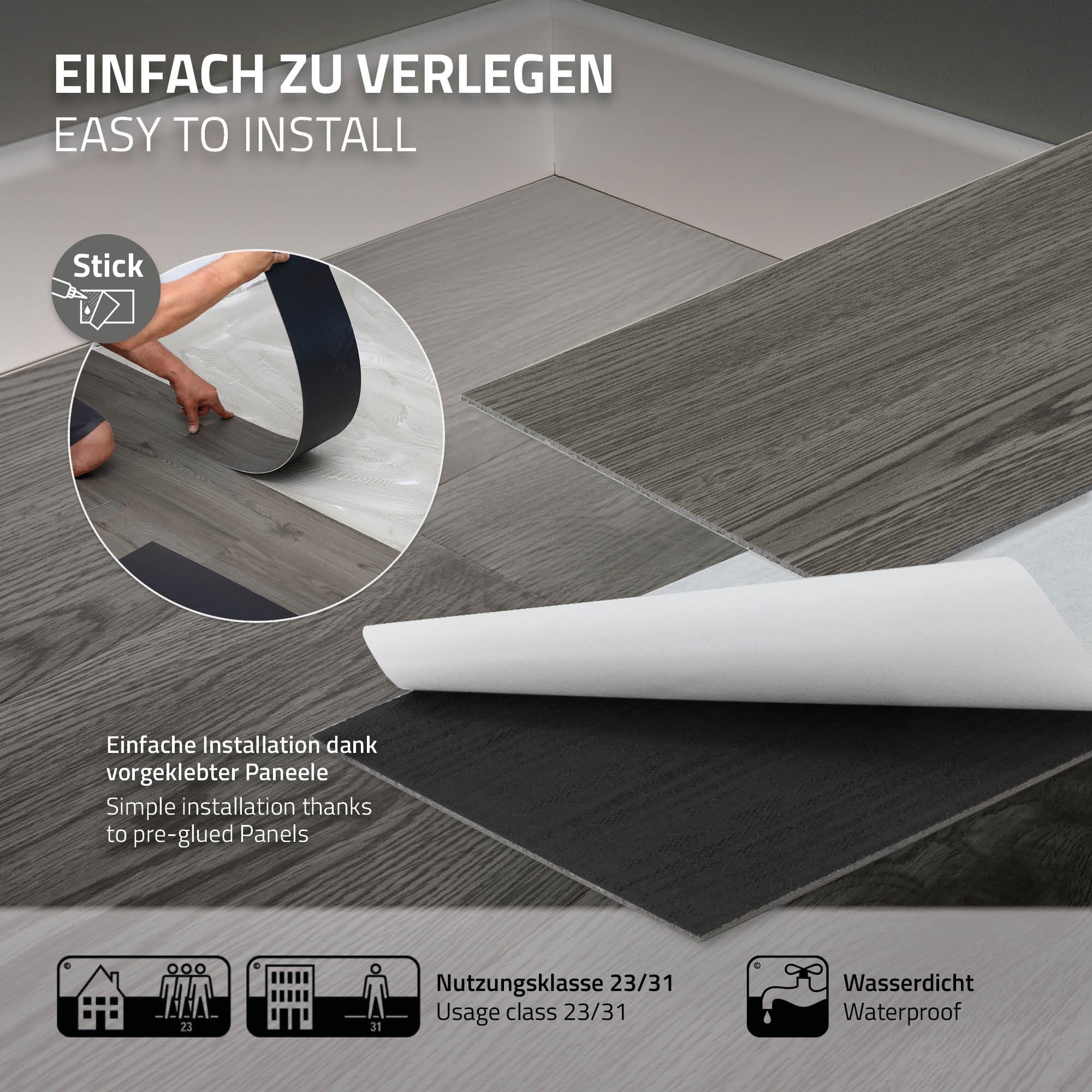 Grafik mit Text über einfache Verlegung von Bodenpaneelen.