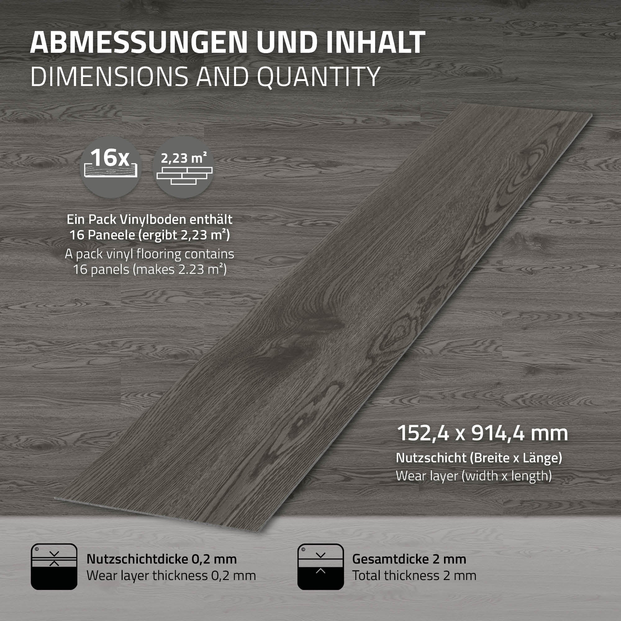 Vinylboden mit 16 Paneelen, Abmessungen und Inhalt, auf Holzoptik.
