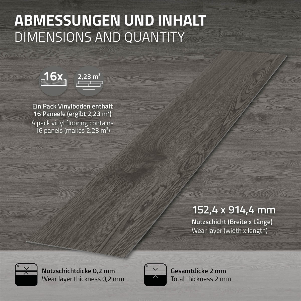 Pavimento in vinile effetto legno con 16 pannelli, dimensioni e contenuto.