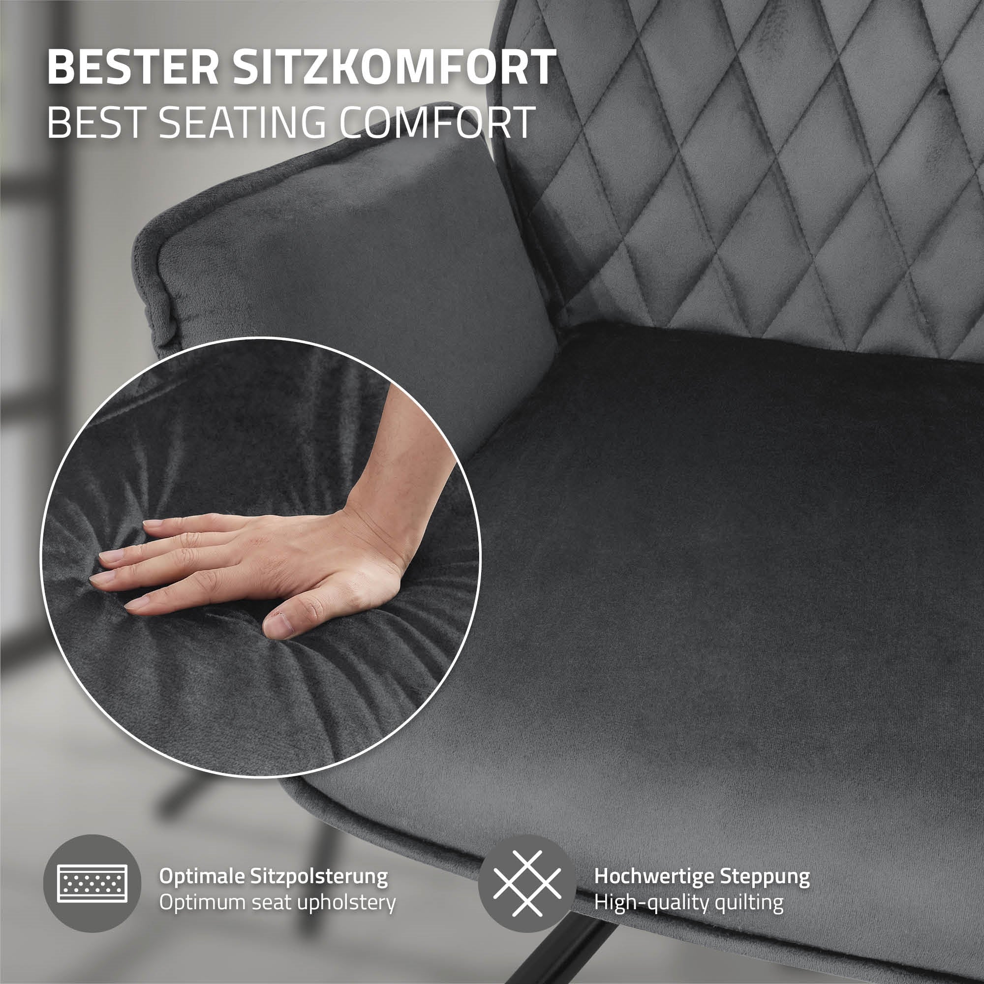 Nahaufnahme einer Hand auf einem gepolsterten Stuhl mit hochwertiger Steppung.