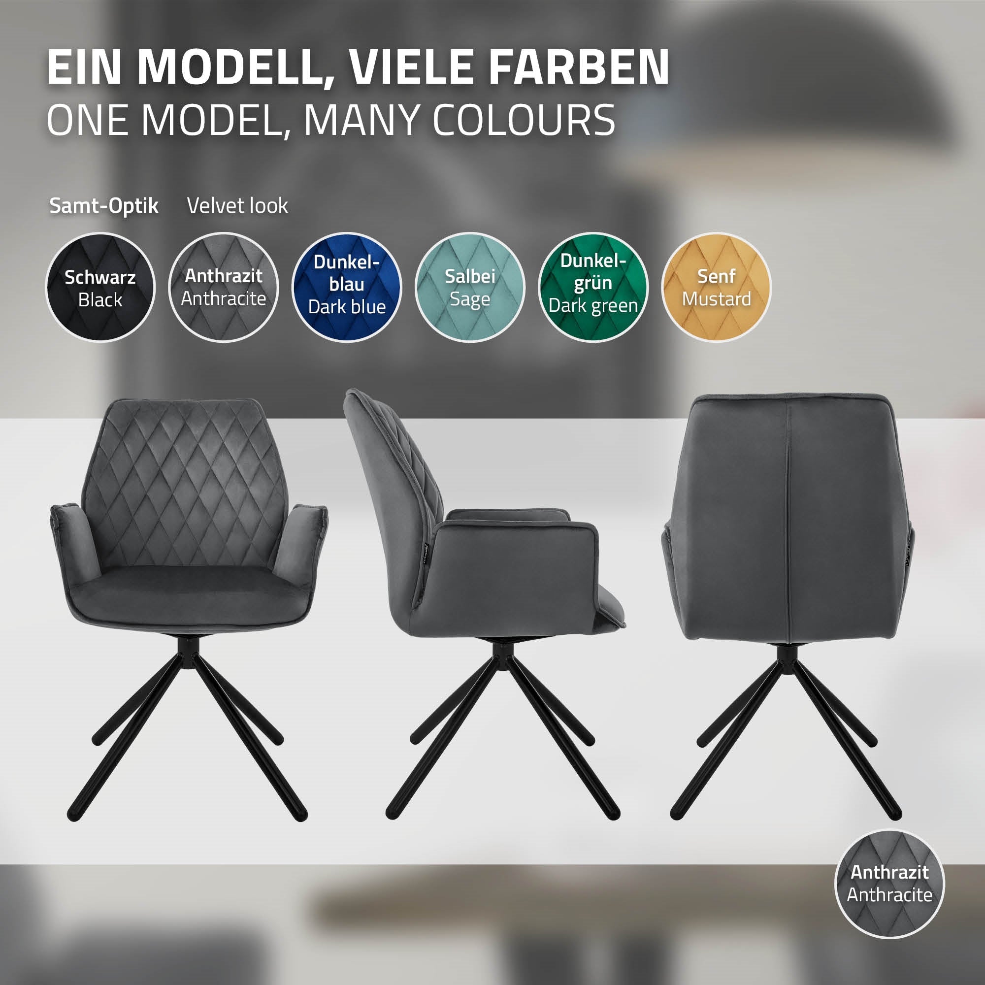 Stuhl in verschiedenen Farben, mit Samt-Optik und modernen Designs.