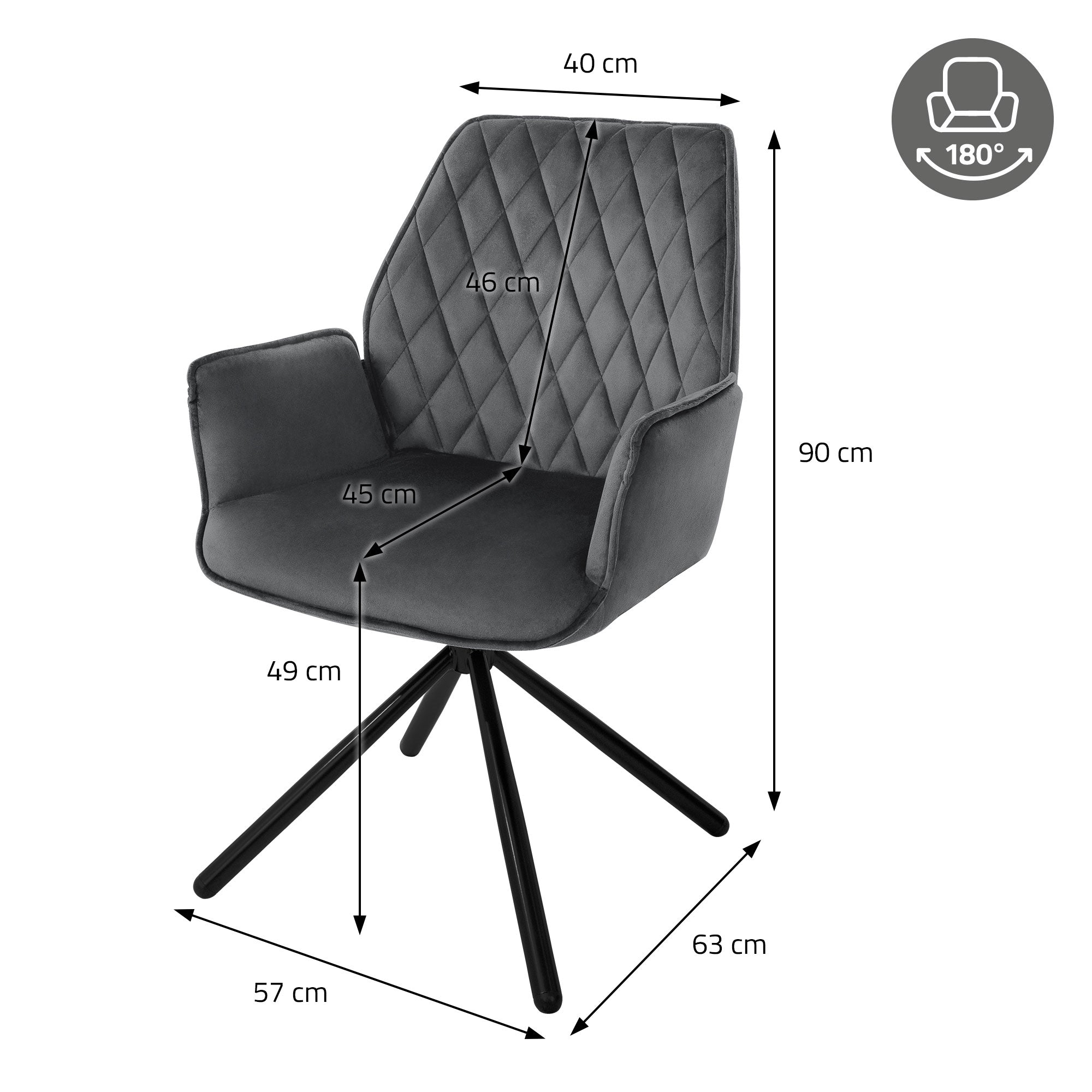 Harmaat tuolimitat: korkeus 90 cm, leveys 40 cm, syvyys 57 cm, käsinojan korkeus 46 cm.