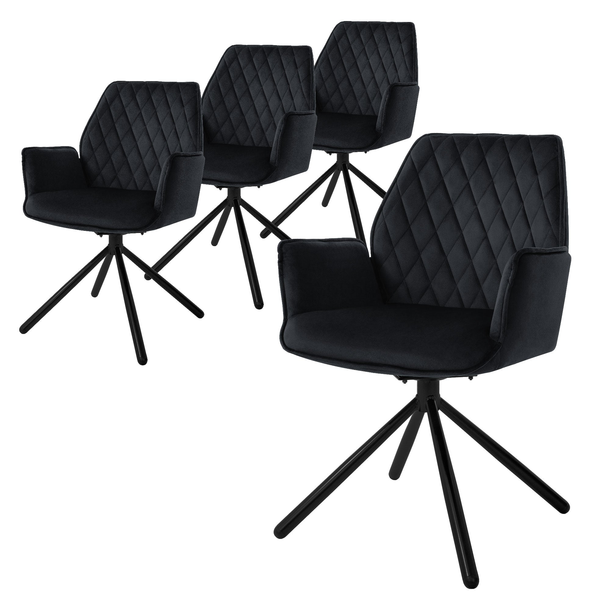 Neljä mustaa tuolia modernilla muotoilulla valkoisella taustalla.