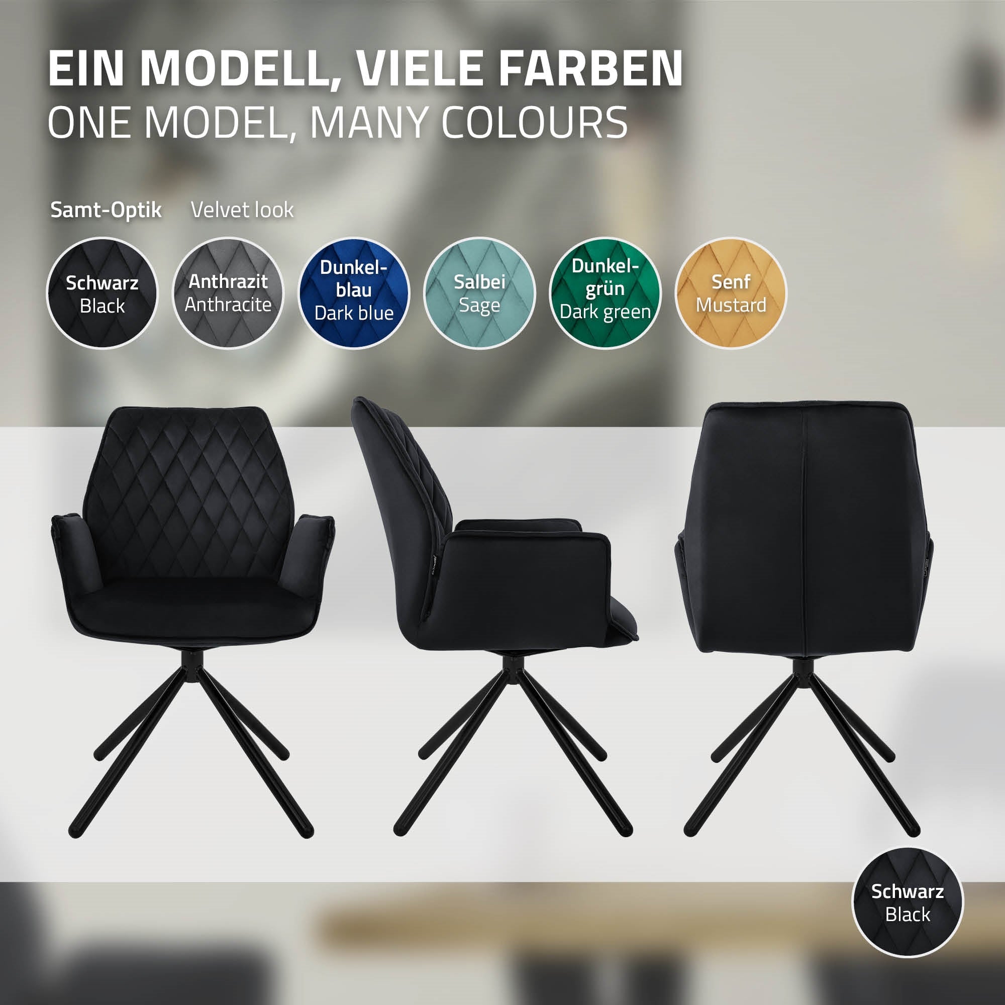 Sort stol i forskellige farver og designs præsenteret.