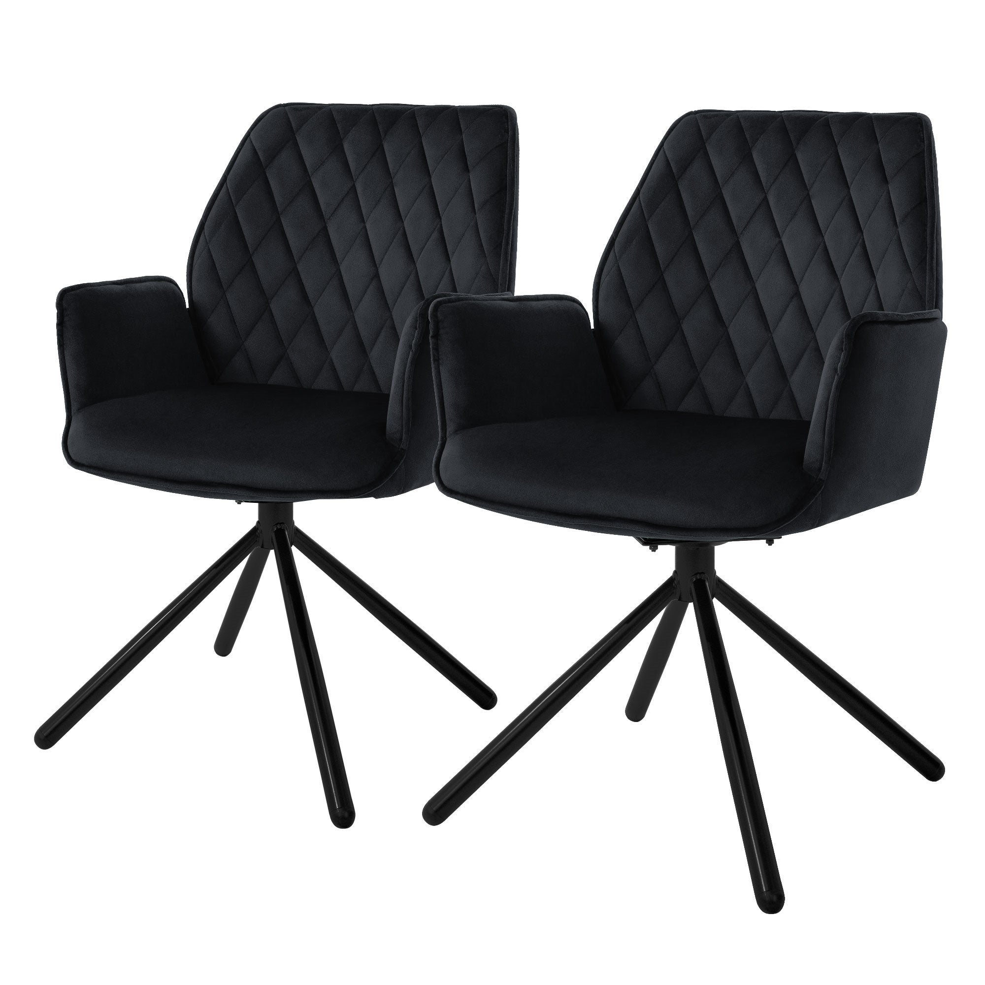 Kaksi mustaa tuolia käsinojilla ja timantinmuotoisella verhoilulla.