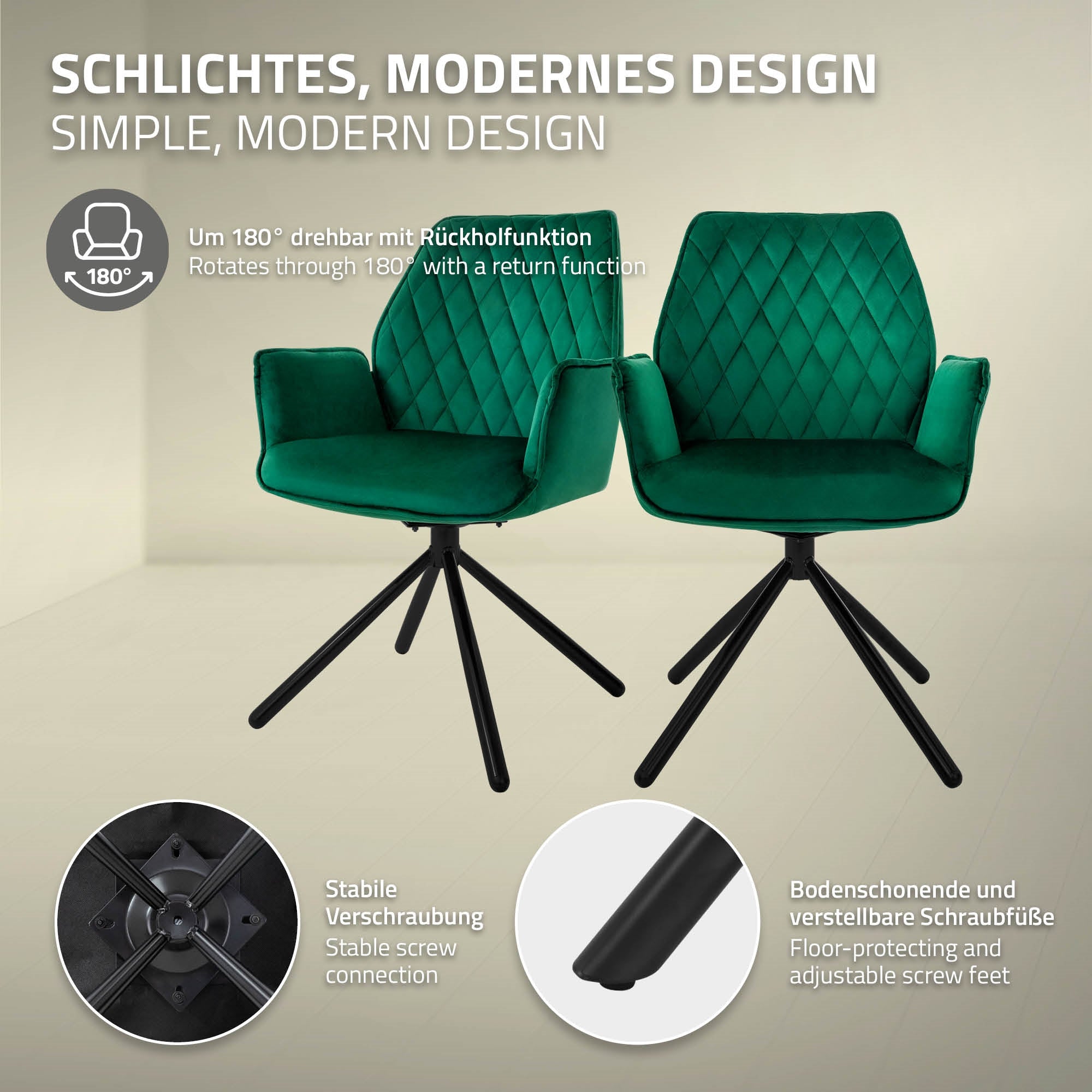 Silla verde con función giratoria y conexión estable.