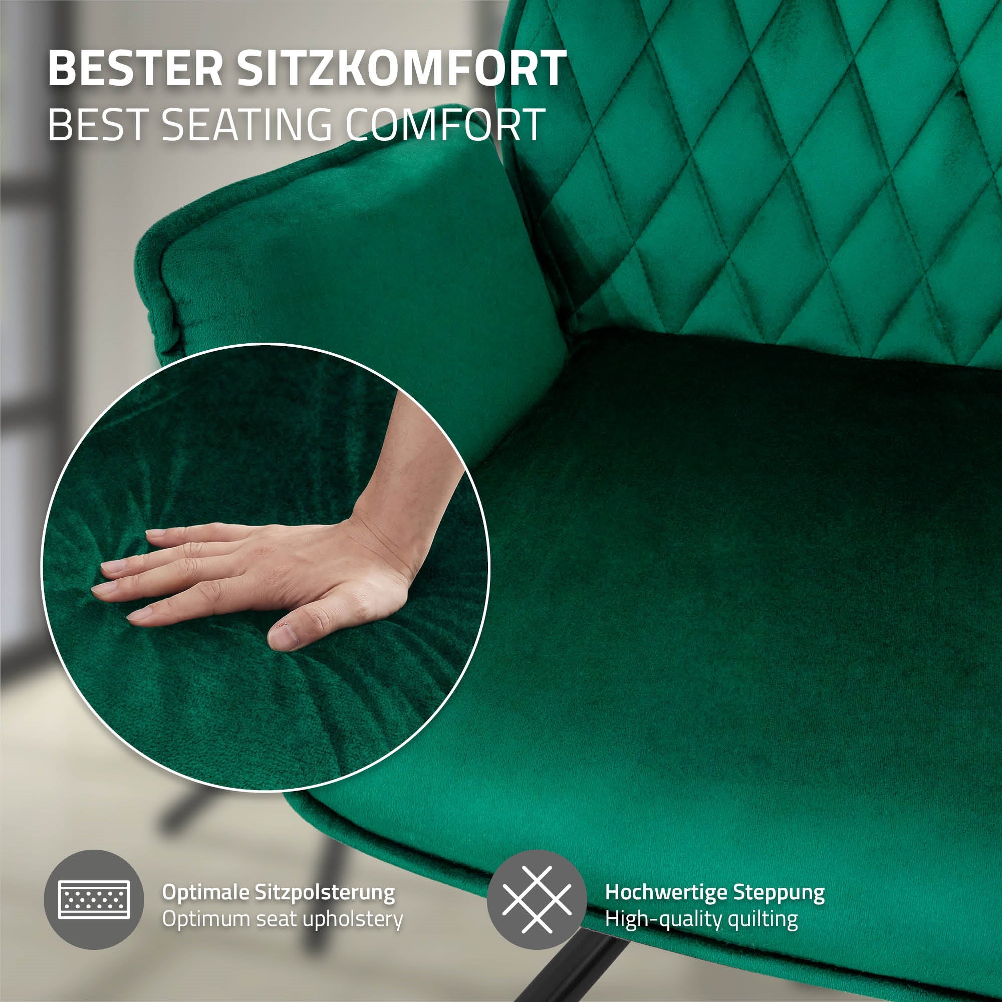 Primer plano de una mano presionando sobre una silla verde.