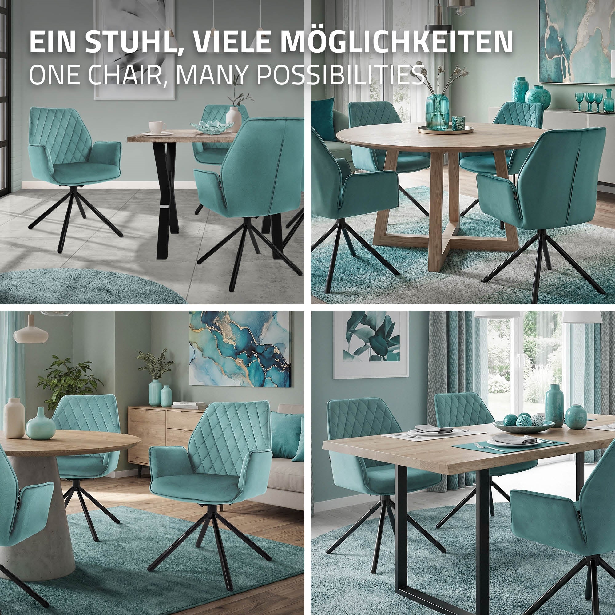 Ein Esszimmer mit einem runden Tisch und vier türkisfarbenen Stühlen.