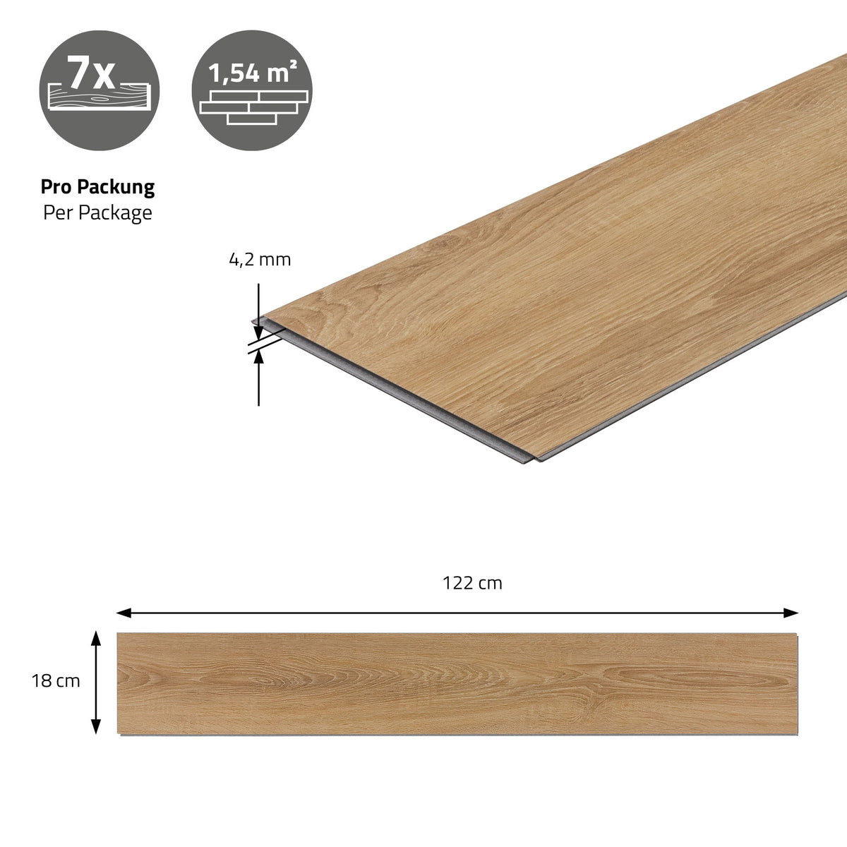 Laminatplatte in heller Holzoptik mit Maßangaben und Verpackungsinformationen.