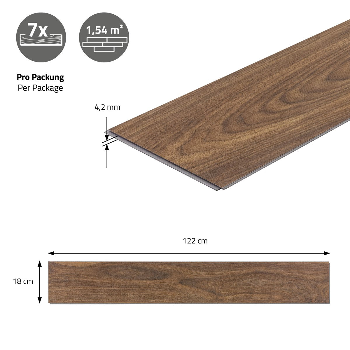 Laminatplatte in dunkler Holzoptik mit Maßangaben und Verpackungsinformationen.