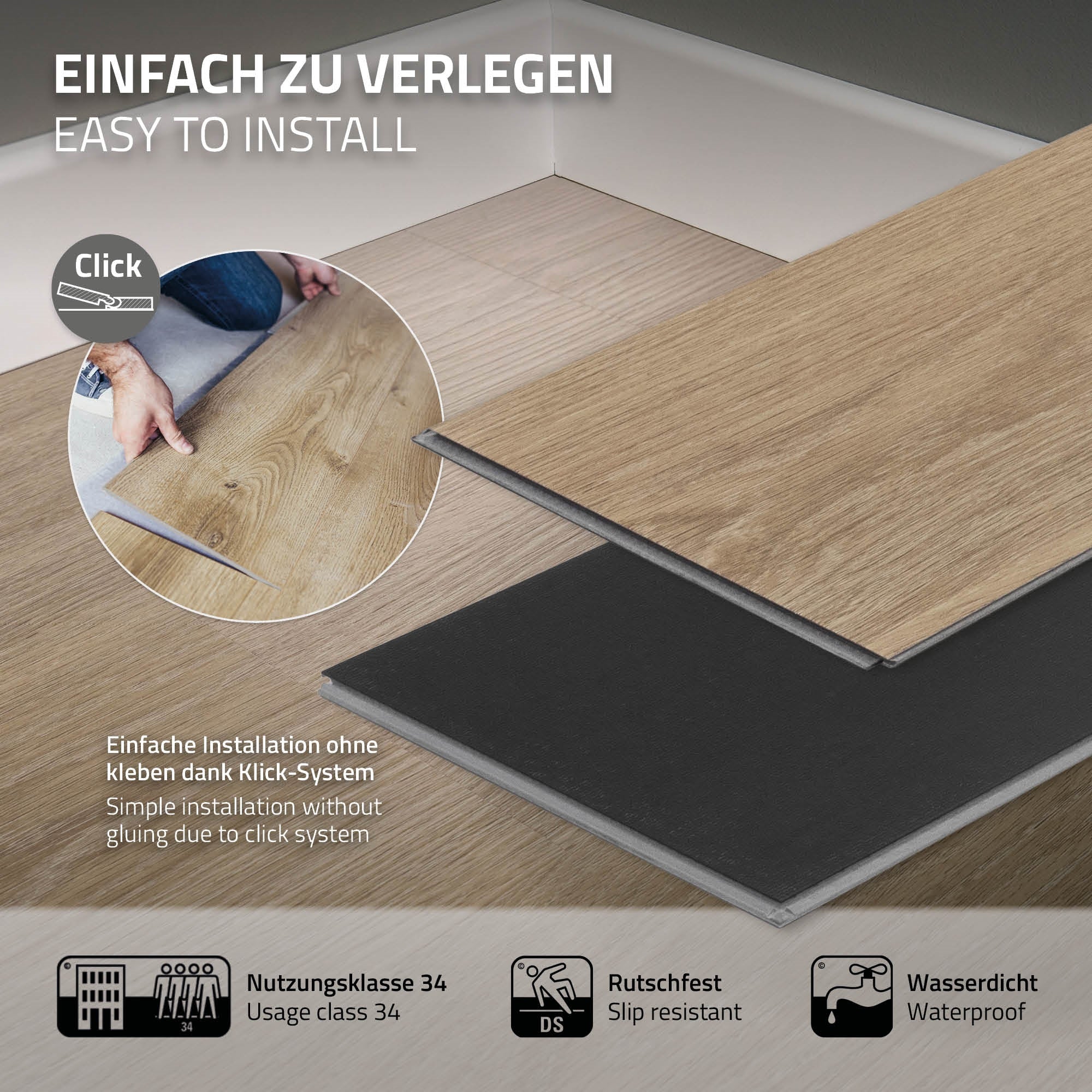 Bodenbelag mit Klick-System, der einfach zu verlegen ist.