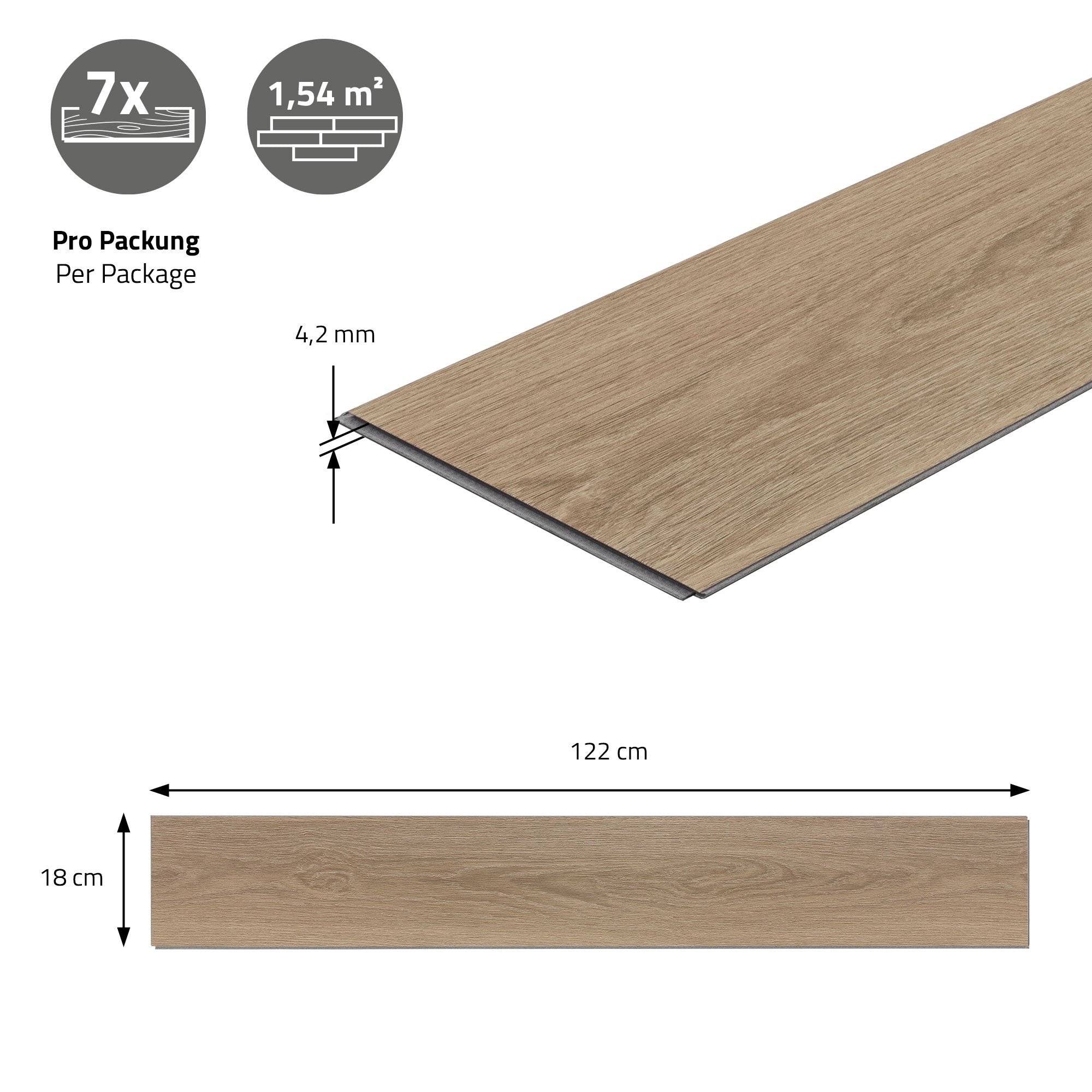 Laminatplatte mit Abmessungen und Verpackungsinformationen.
