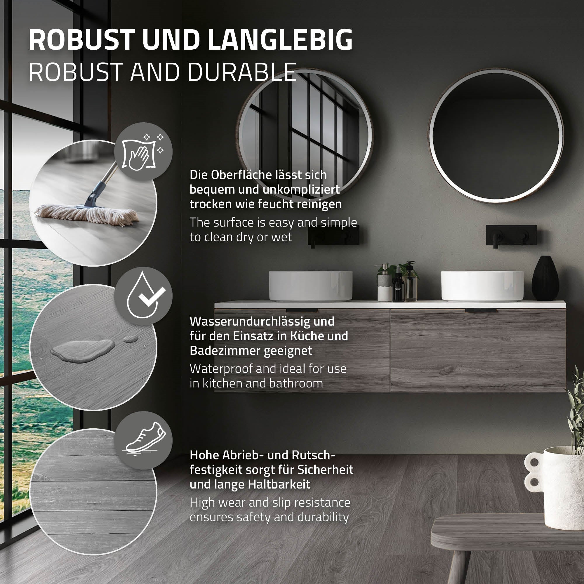 Badezimmer mit zwei Waschbecken und großen Spiegeln.
