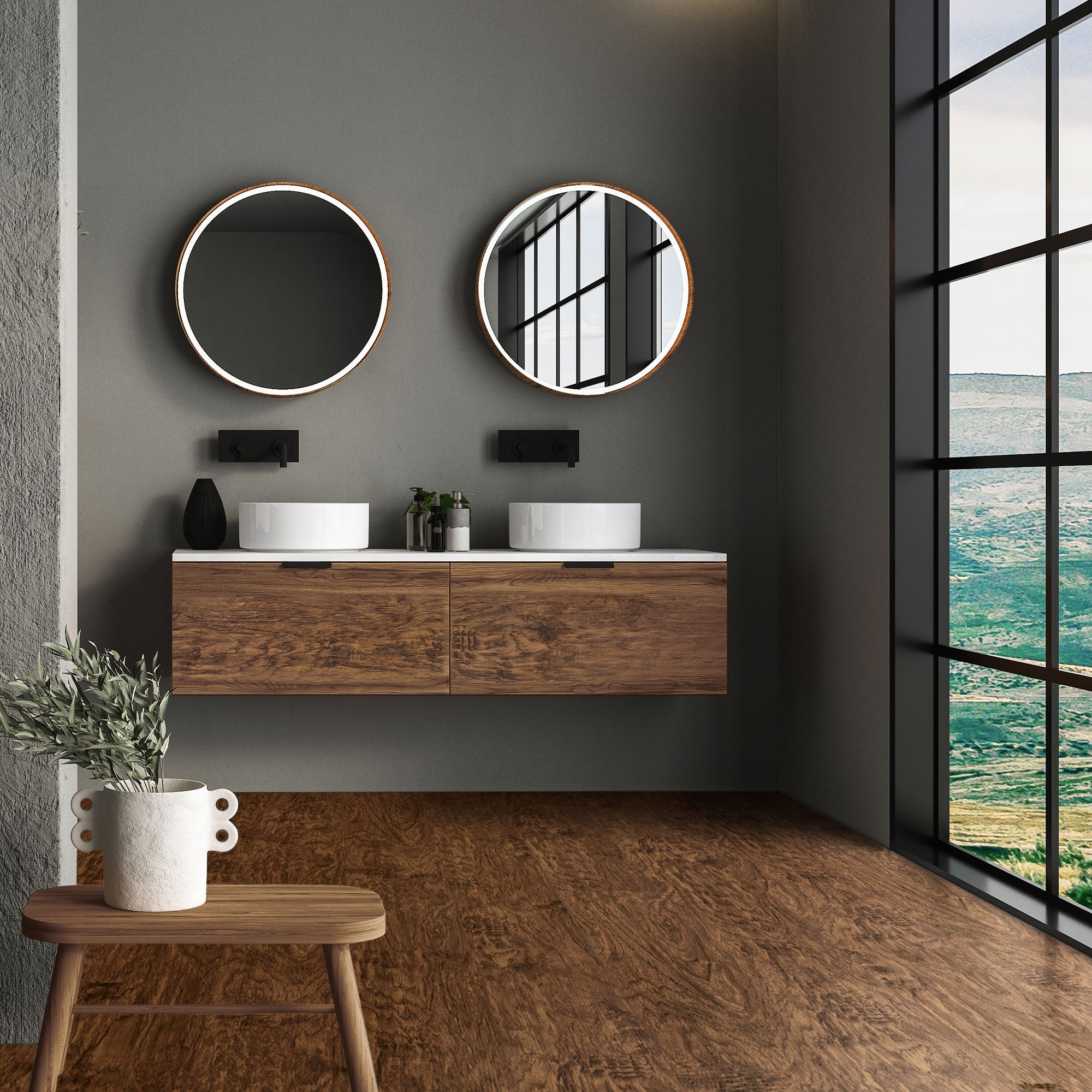 Modernes Badezimmer mit Holzwaschtisch und zwei runden Spiegeln an der Wand.