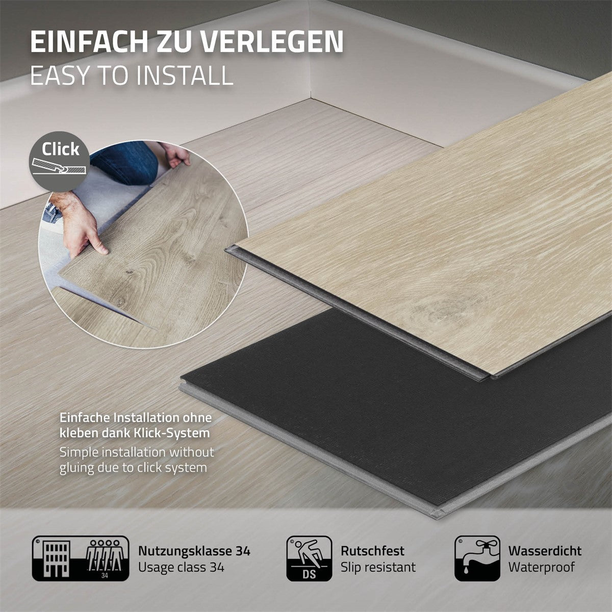 Bodenbelag mit Klick-System, zwei verschiedene Designs.