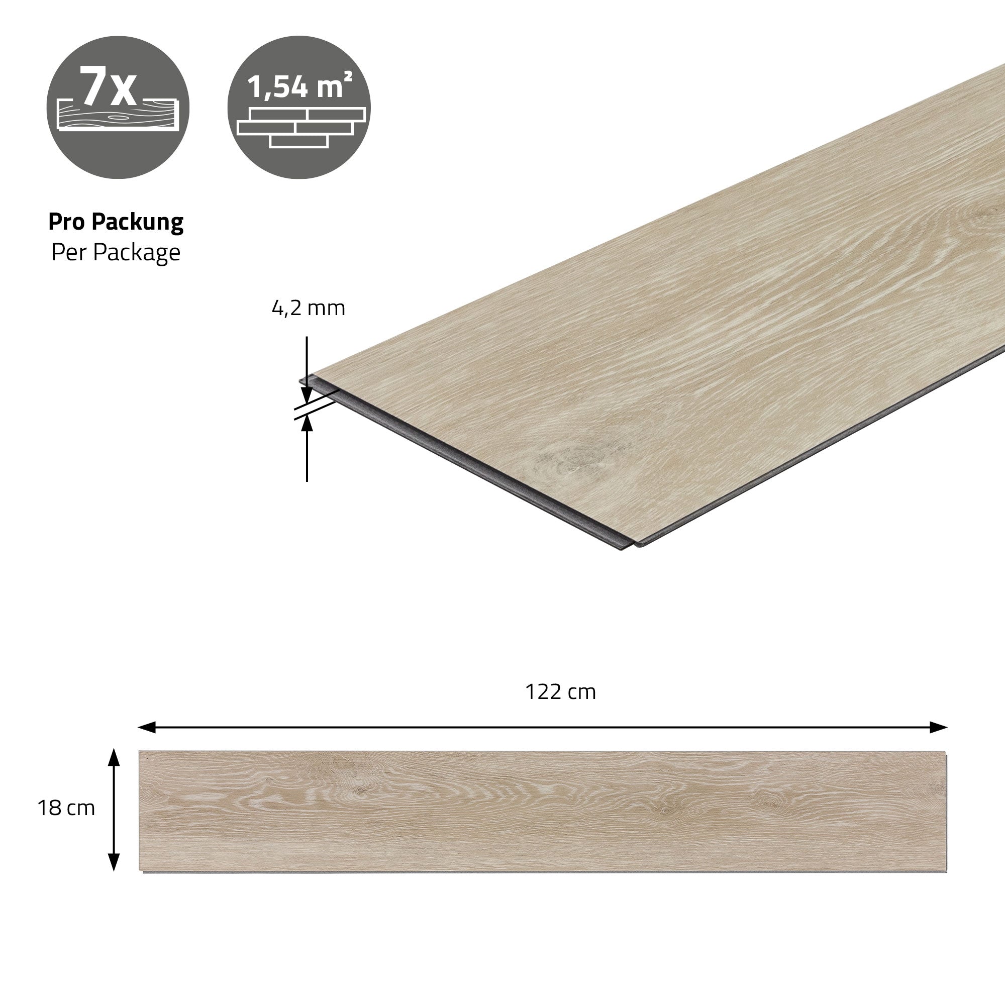 Træpanel med dimensioner, viser 7 stykker pr. pakke og 1,54 m² område.
