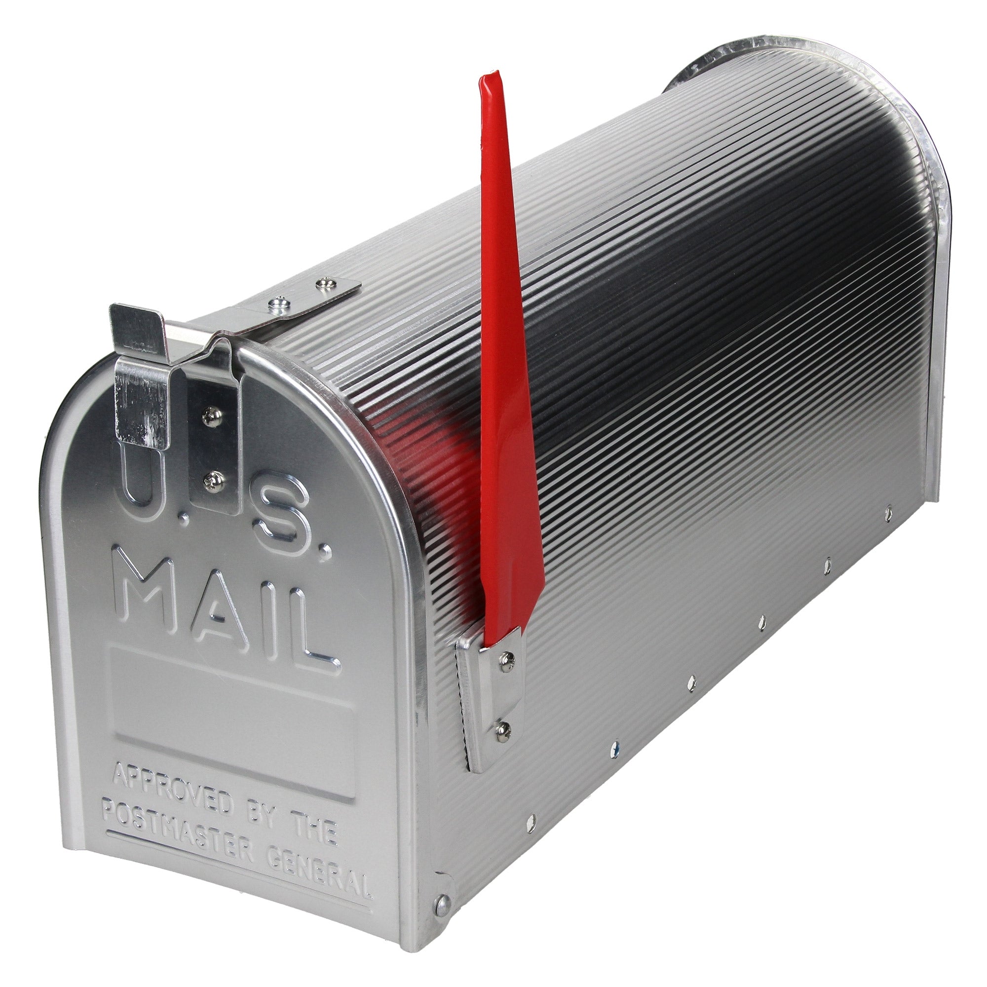 Silver mailbox with a red flag lever.