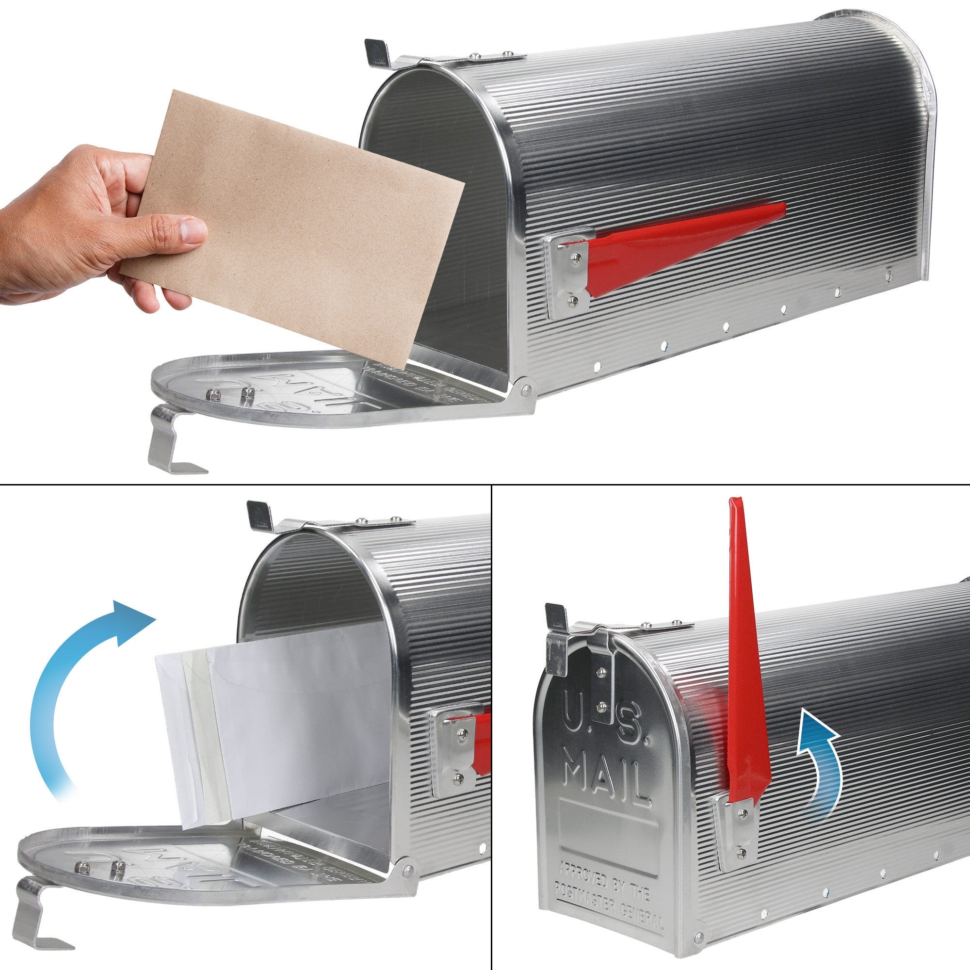 A silver mailbox with a hand placing a letter inside.