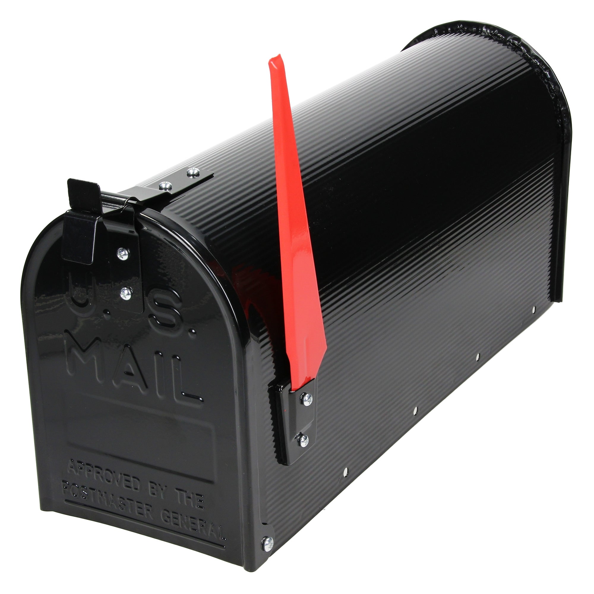 Schwarzer Briefkasten mit rotem Fahnenzeichen.