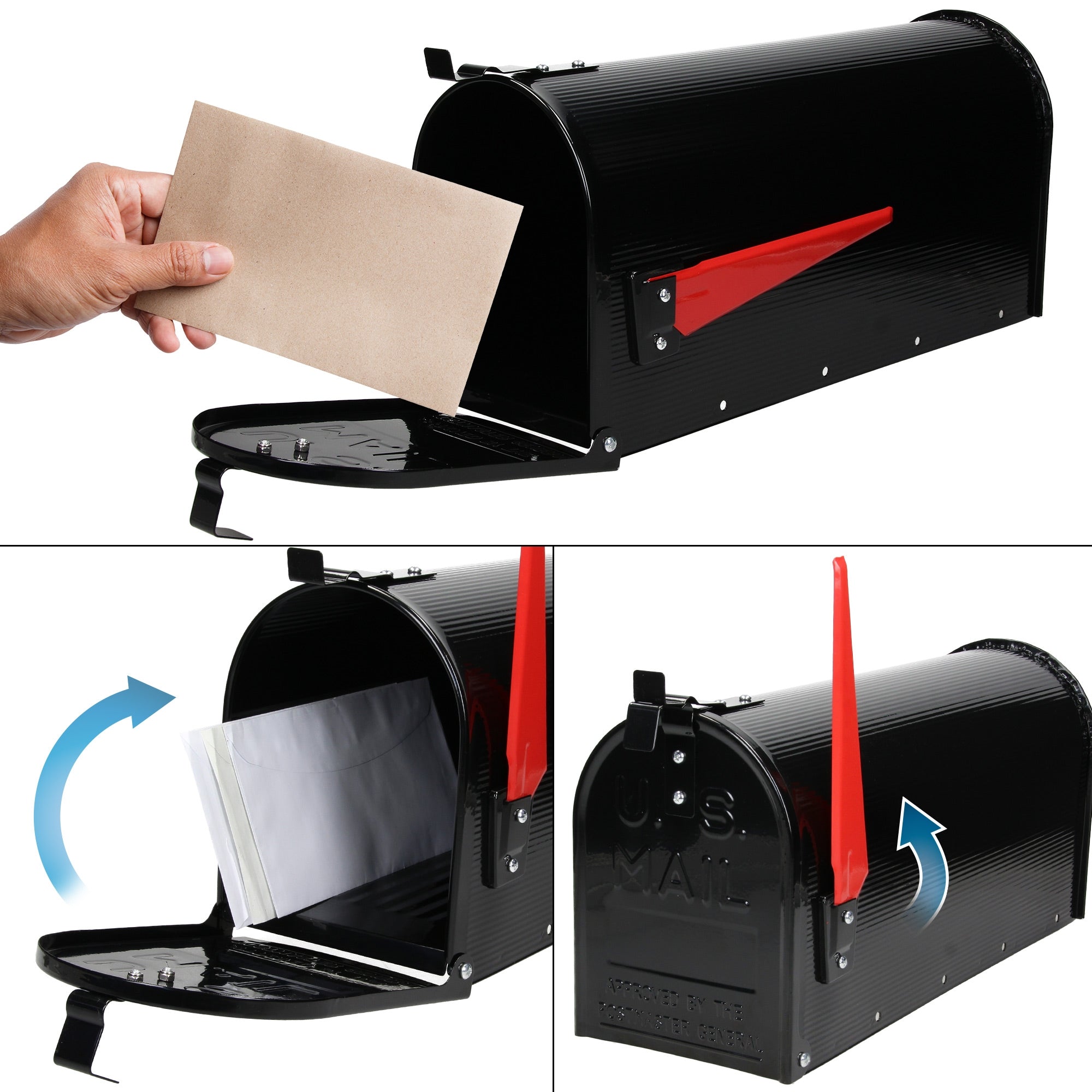 Schwarzer Briefkasten mit geöffneter Klappe und Brief in der Hand.