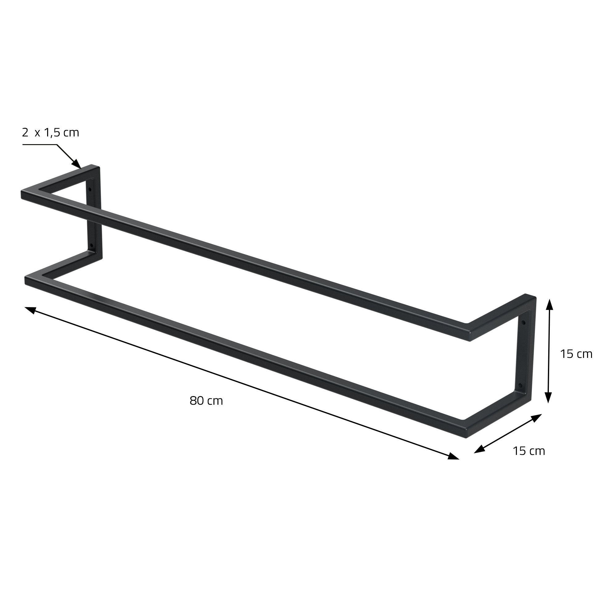 Fekete törölközőtartó méretei: 80 cm hosszú, 15 cm magas, 15 cm mély.