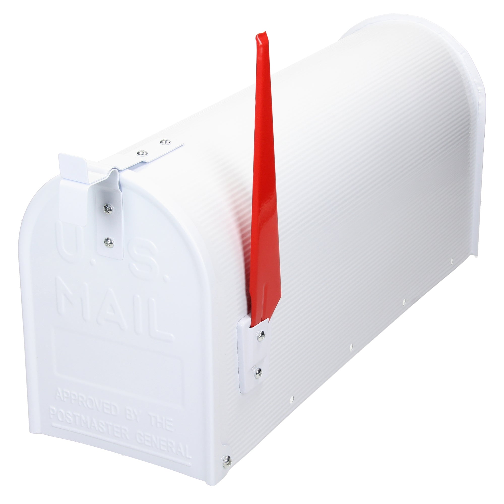 Weißer Briefkasten mit rotem Fahnenhebel.