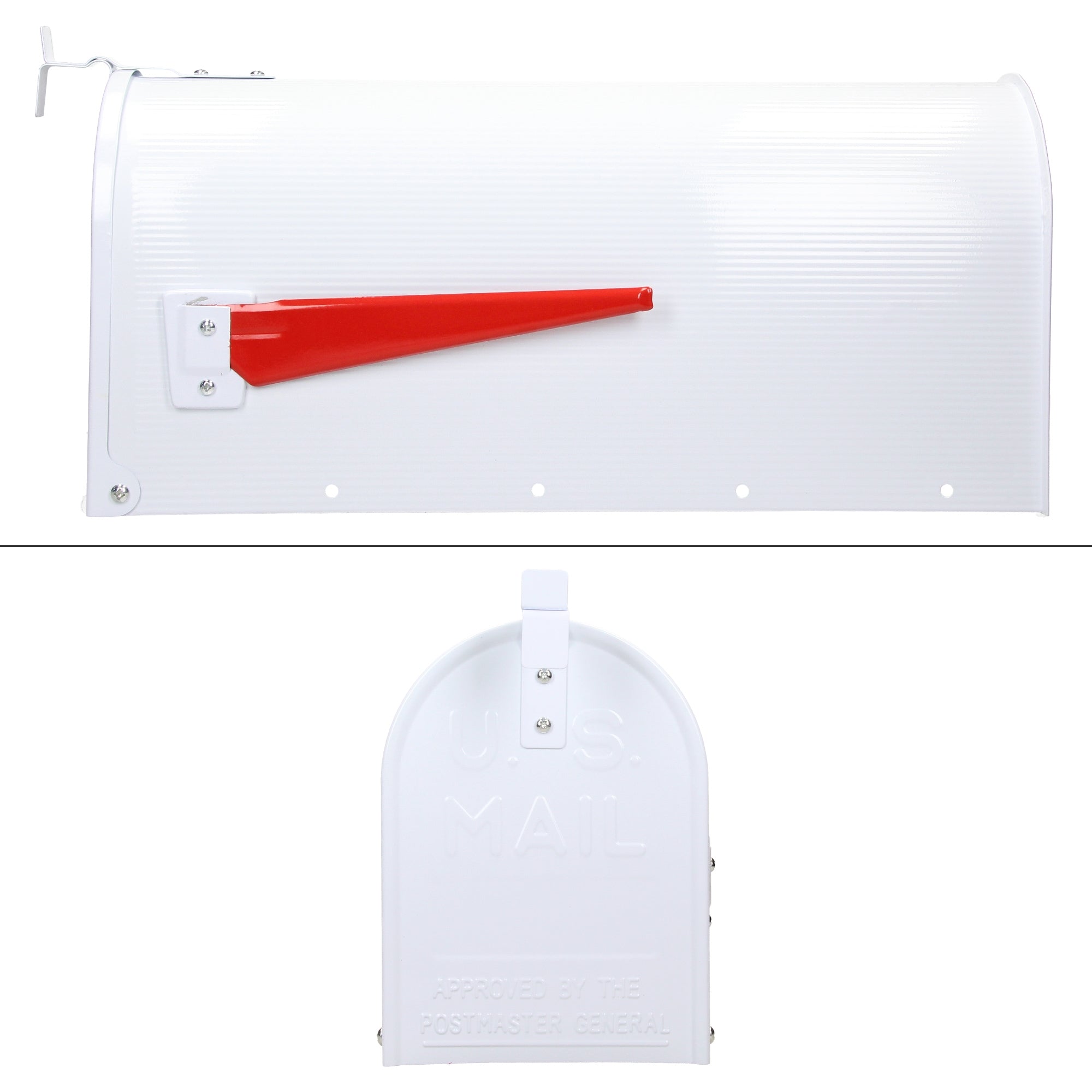 Weißer Briefkasten von vorne und hinten, mit rotem Fahnenzeichen.