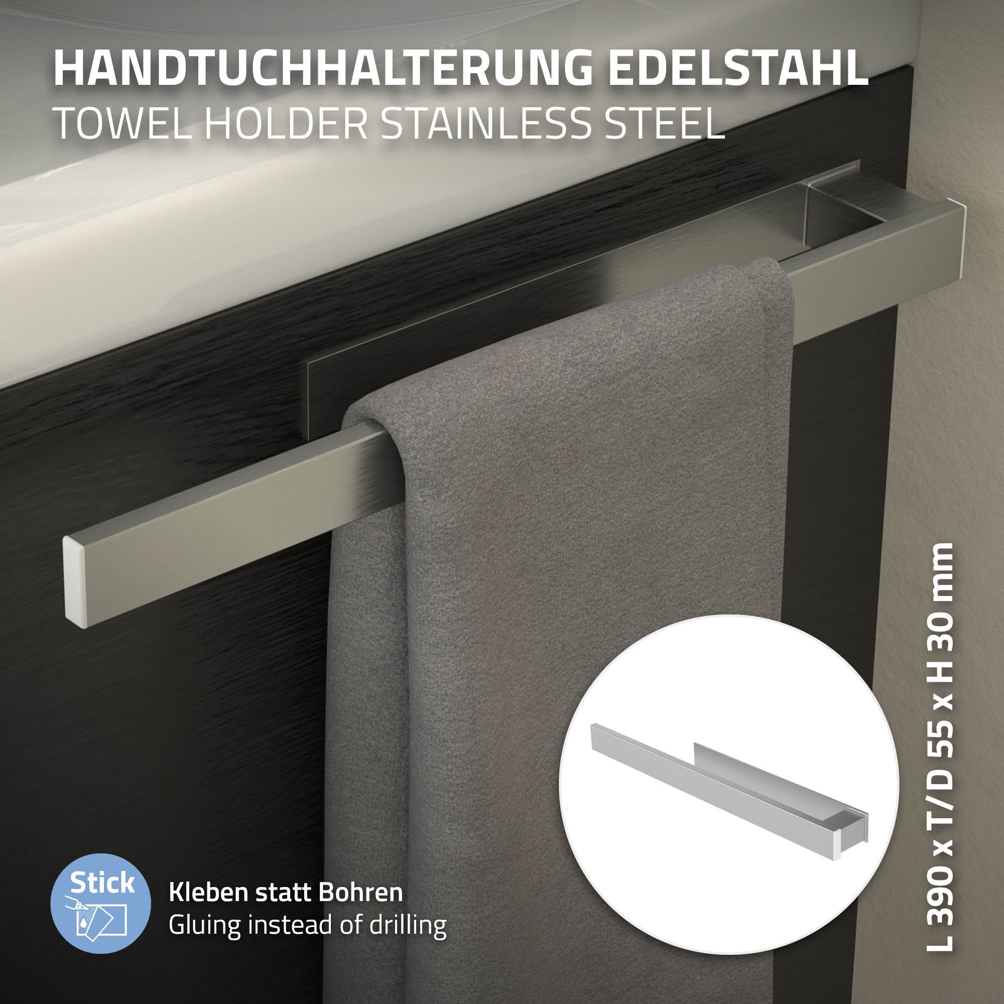 Handtuchhalter aus Edelstahl mit einem Handtuch, Maße und Klebeoption angegeben.