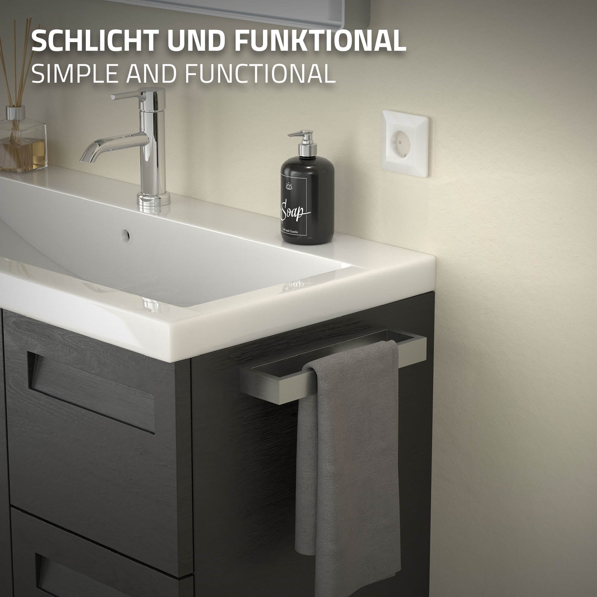 Waschbecken mit Seifenspender und Handtuchhalter an einer Wand.