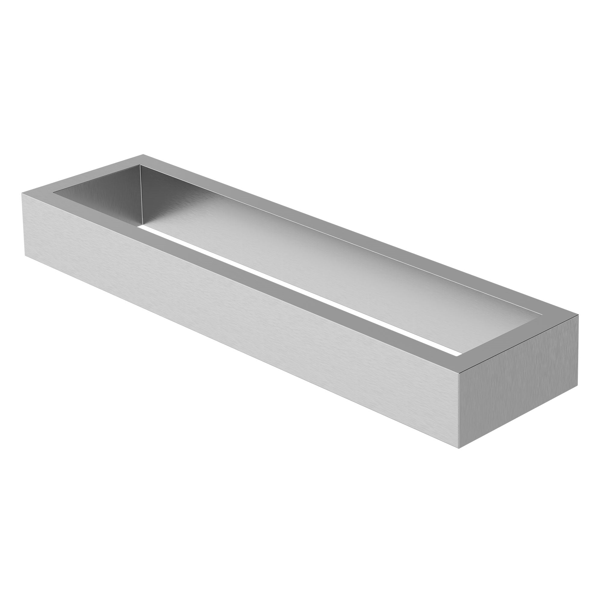 Ein rechteckiger, silberner Behälter ohne Deckel.