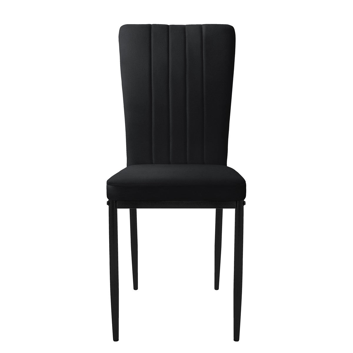 Una silla negra con pliegues verticales y patas negras.