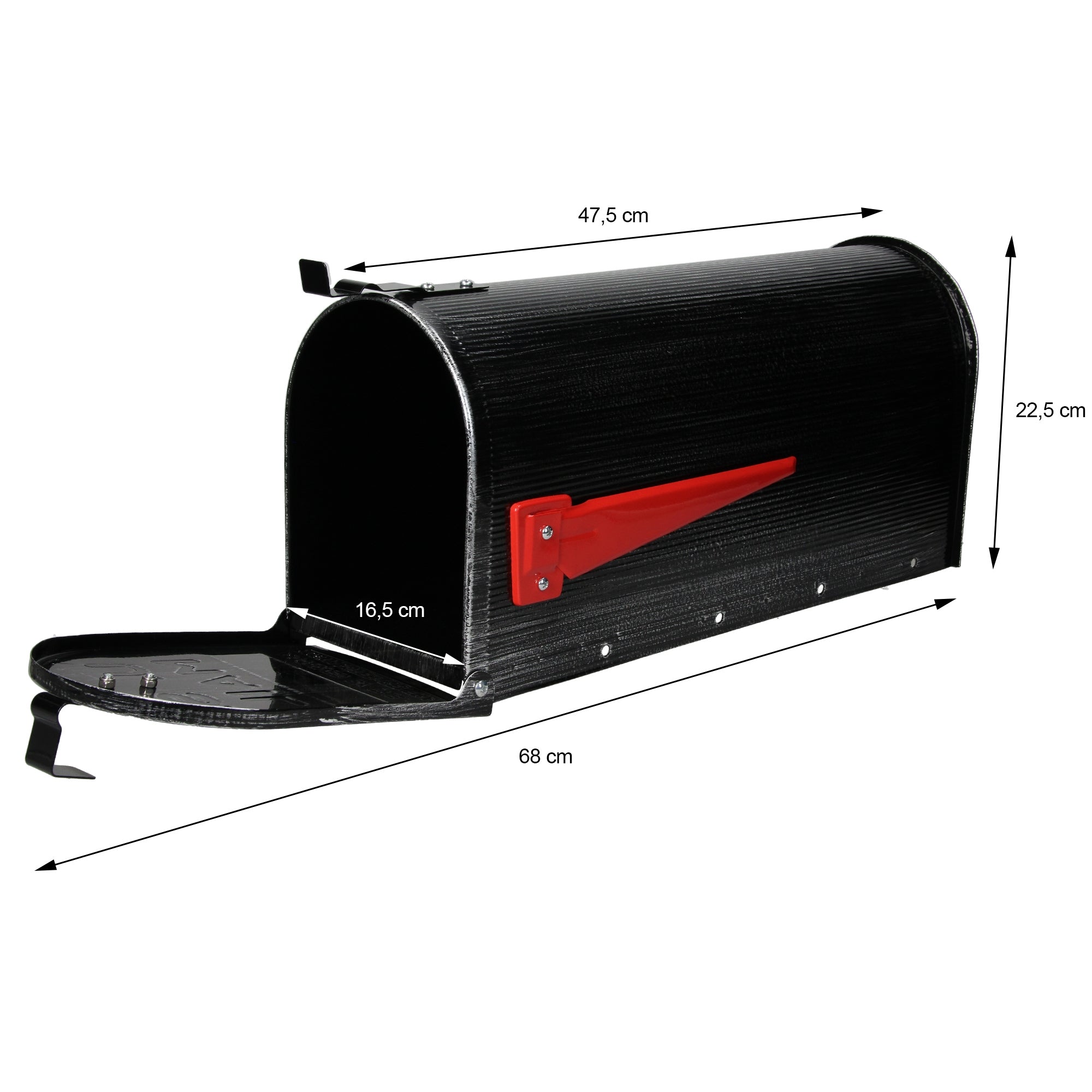 Buzón negro con palanca roja, abierto.