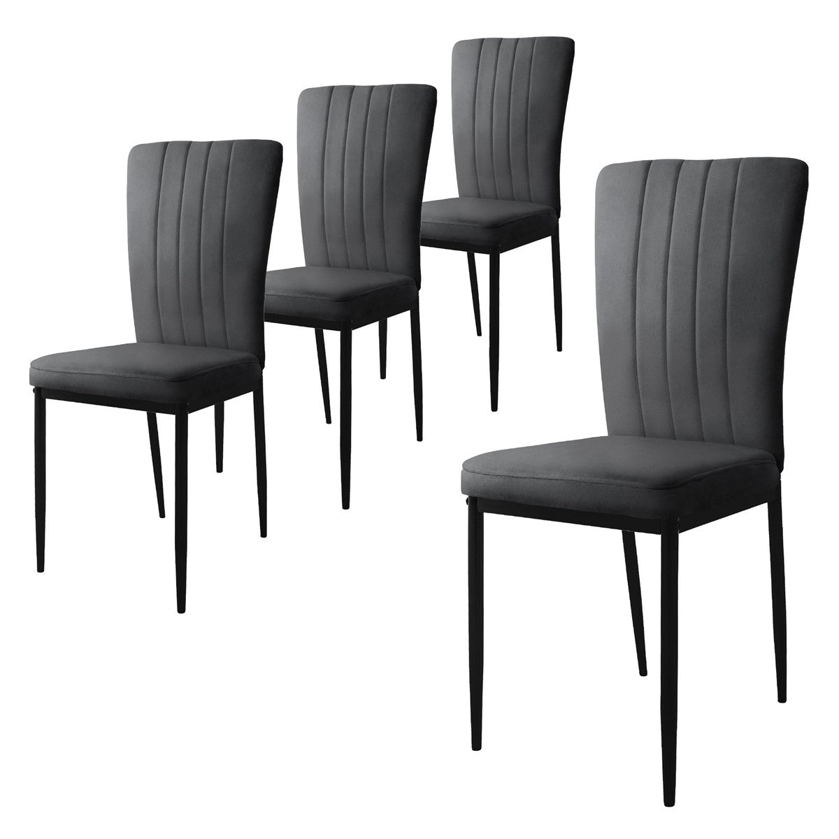 Four gray chairs with vertical lines on the backrests.