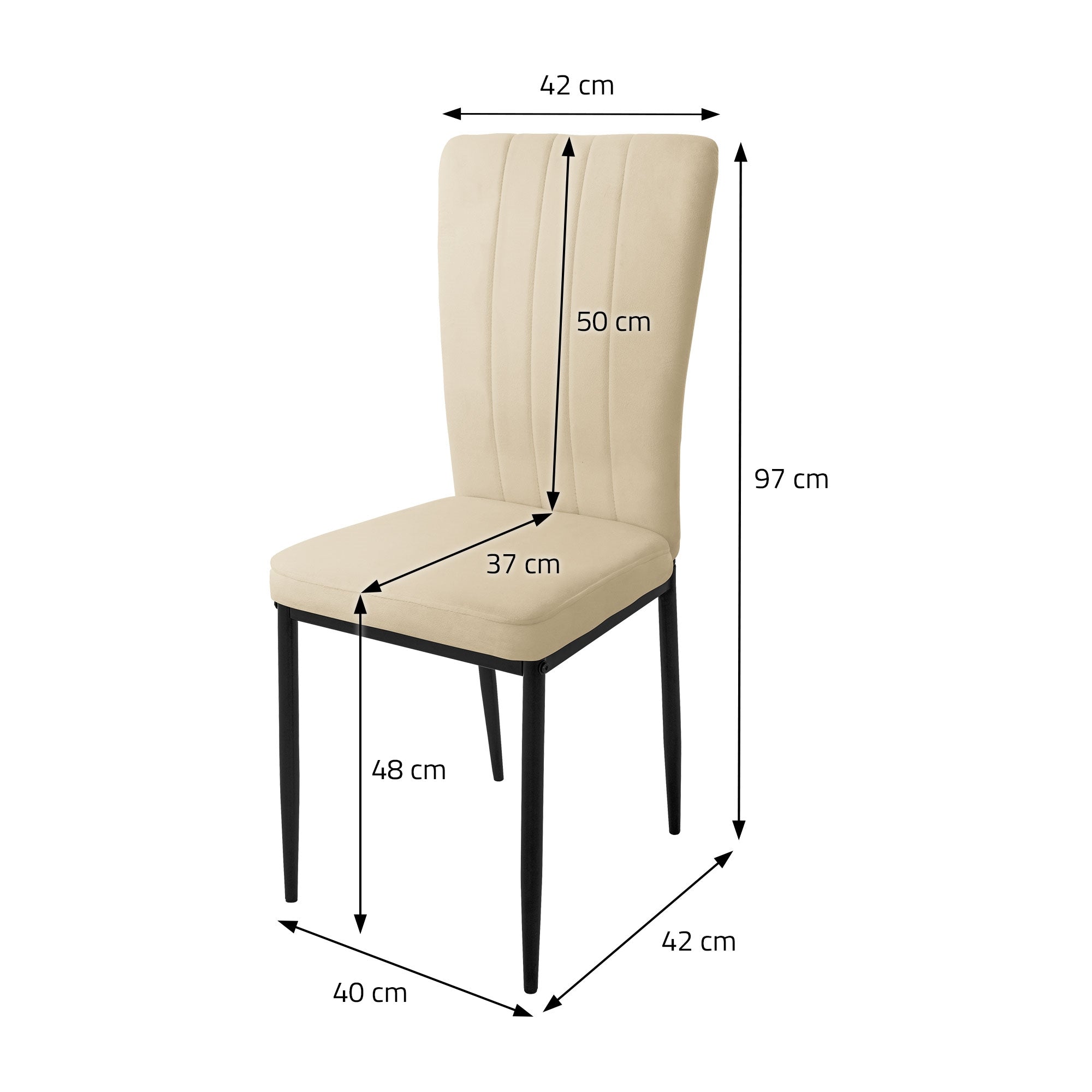 Maßangaben für einen beigen Stuhl mit Rückenlehne.