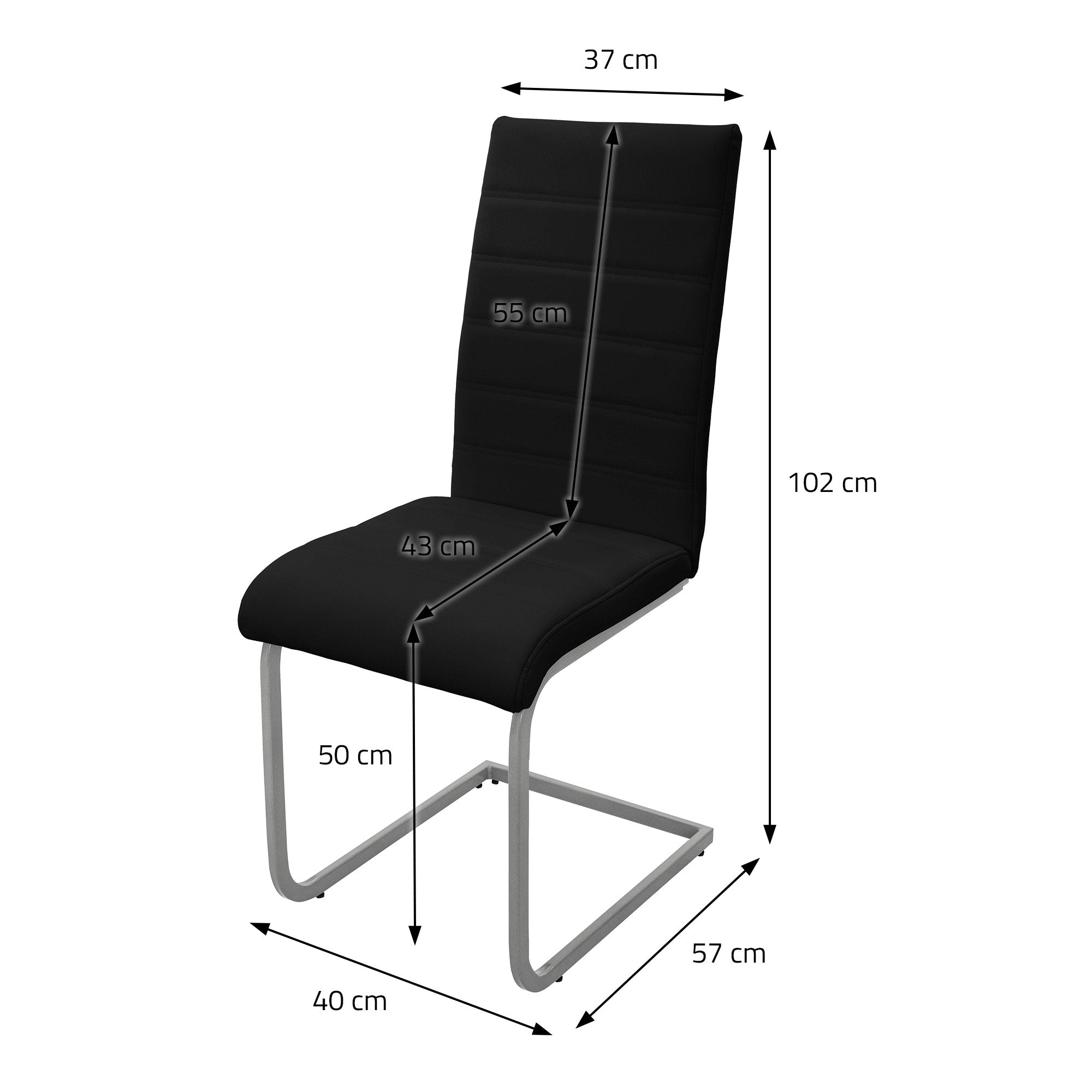 Disegno dimensionale di una sedia nera con misure in cm.