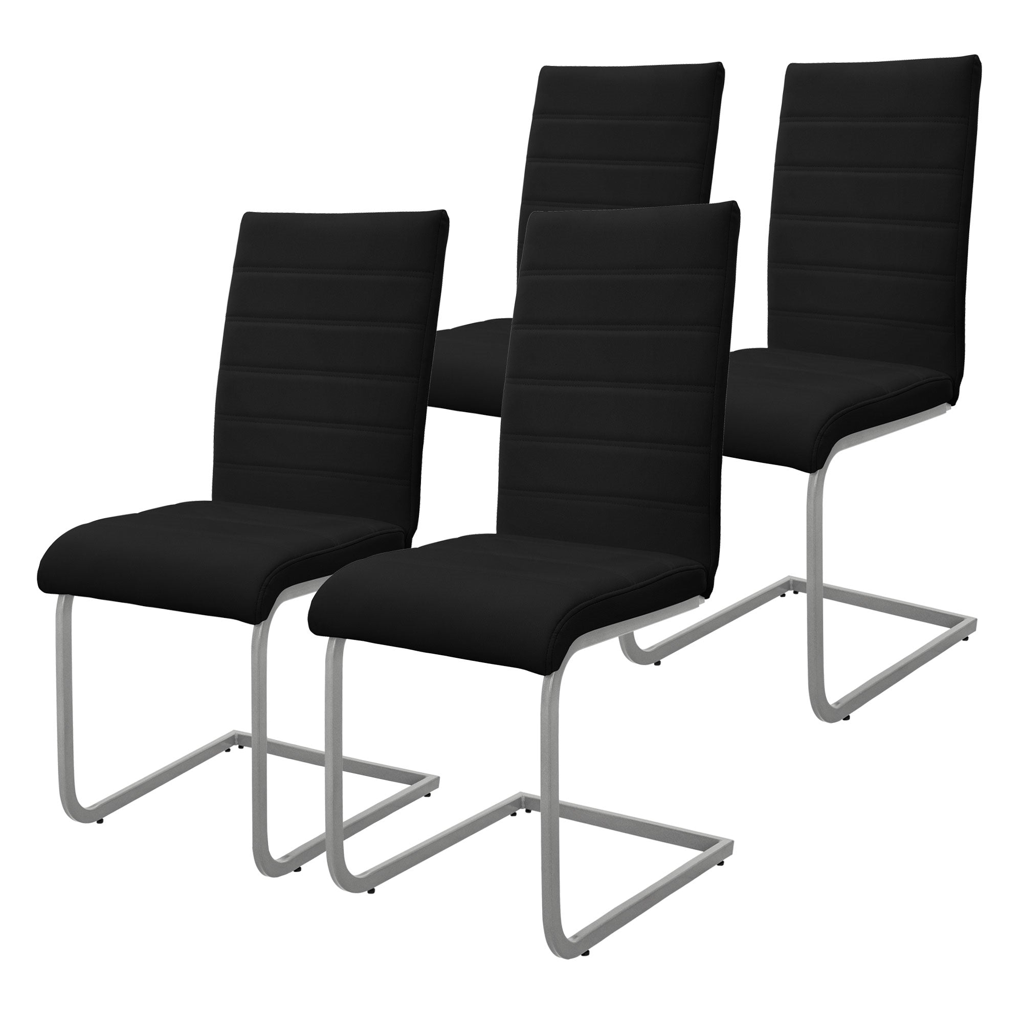 Vier schwarze Stühle mit hohem Rücken und Metallgestell.