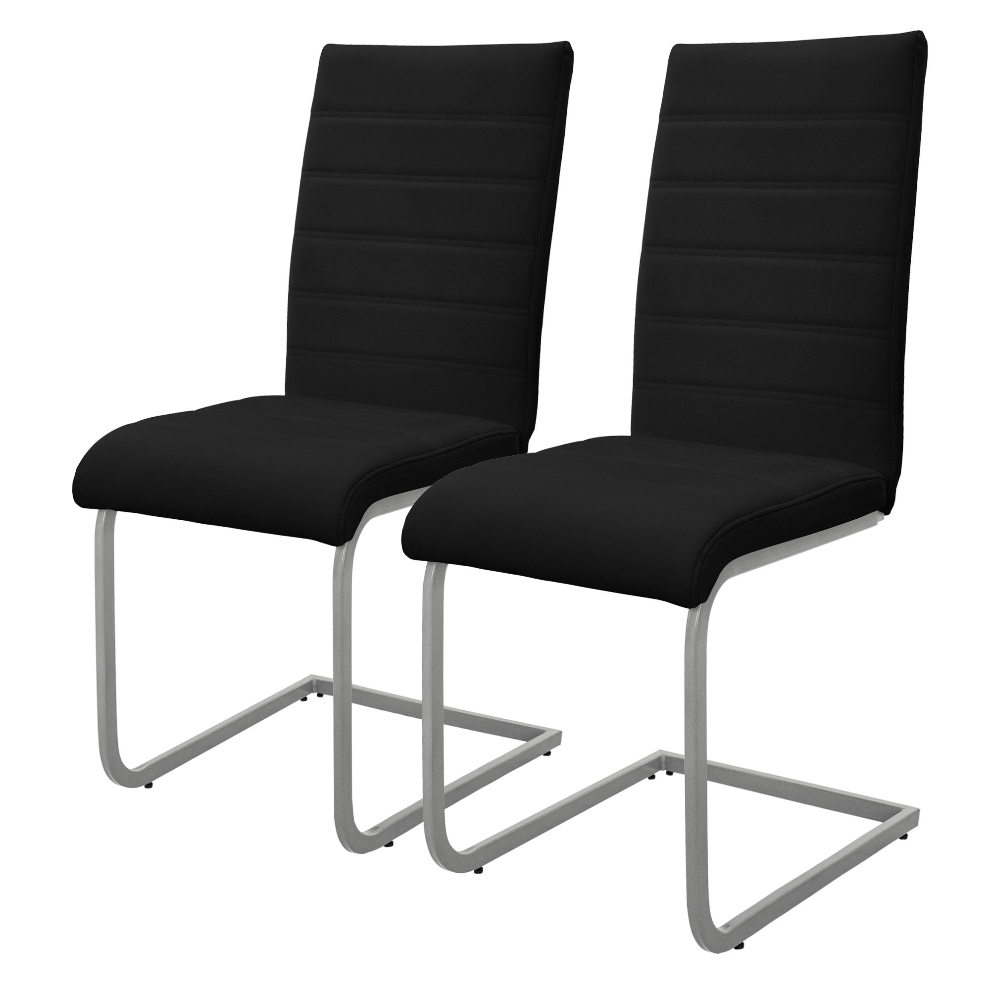 Zwei schwarze Stühle mit gepolsterten Sitzen und Metallgestell.