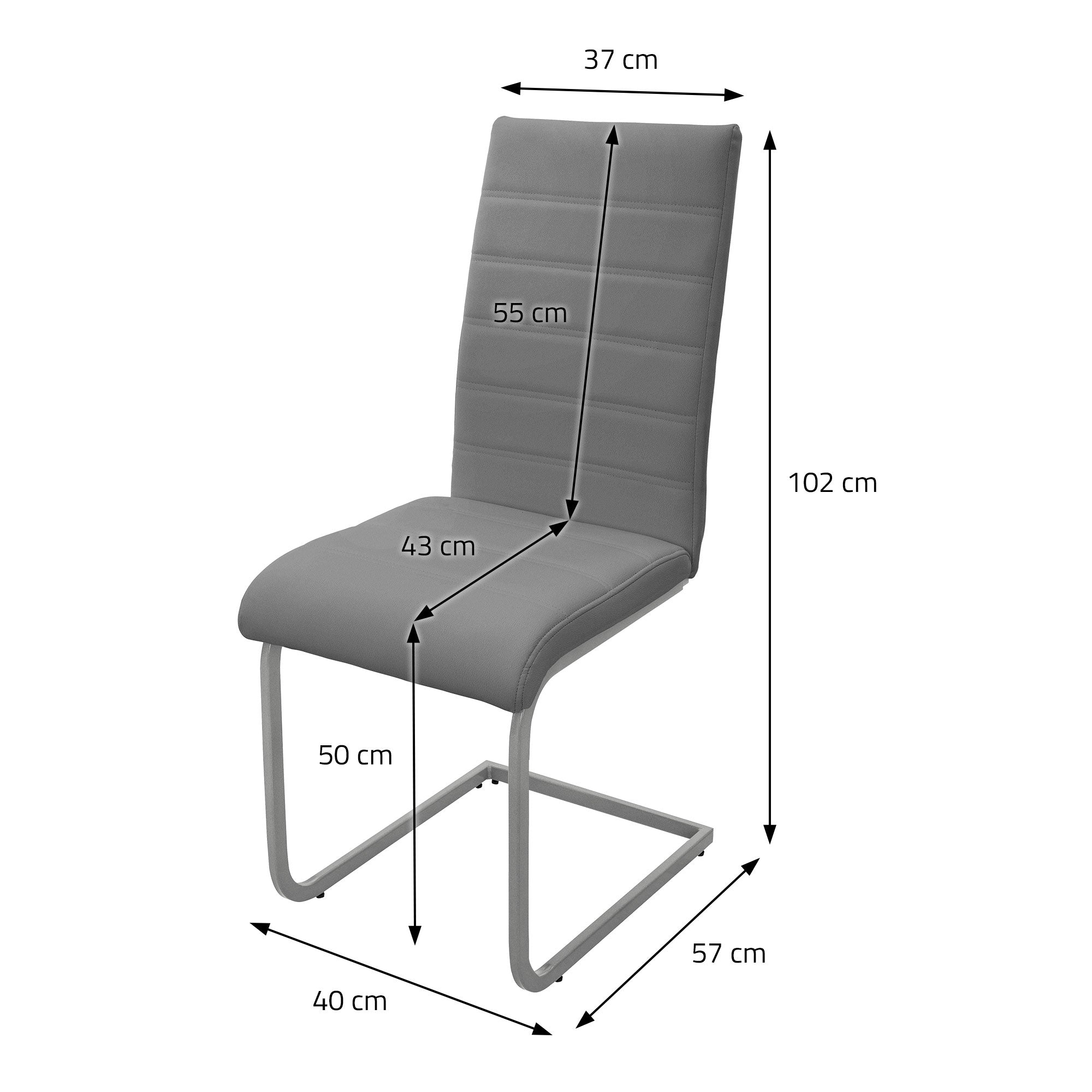 Dimension drawing of a gray chair with measurements in cm.