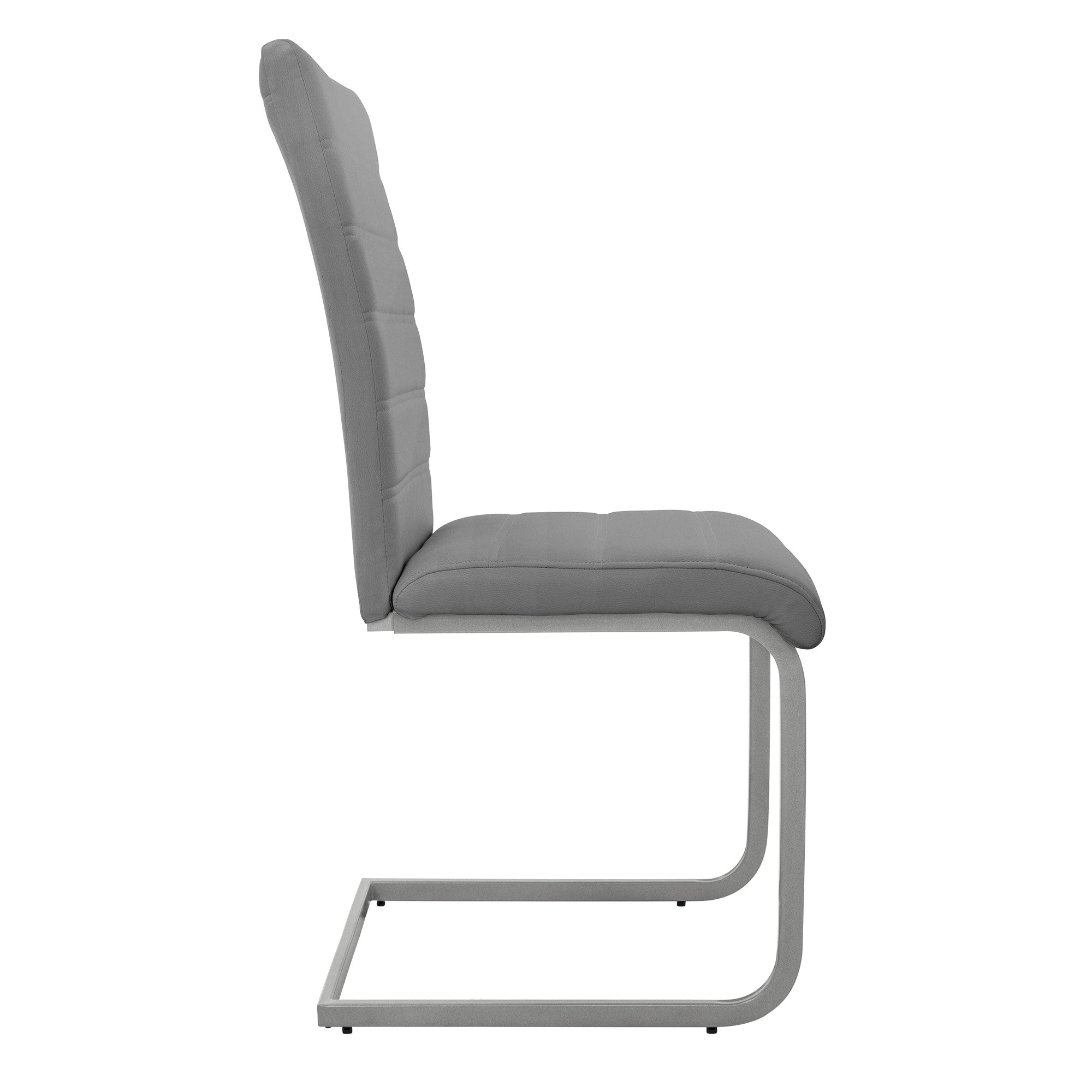 Side view of a gray chair with padded backrest and metal frame.