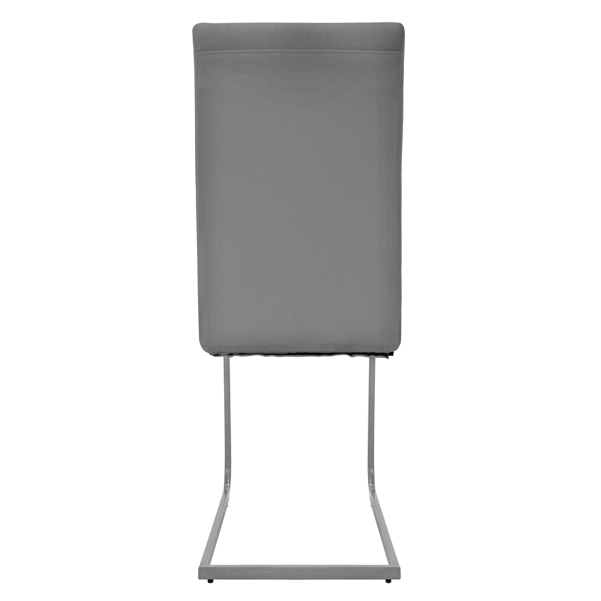 Back view of a gray chair with padded back and metal frame.