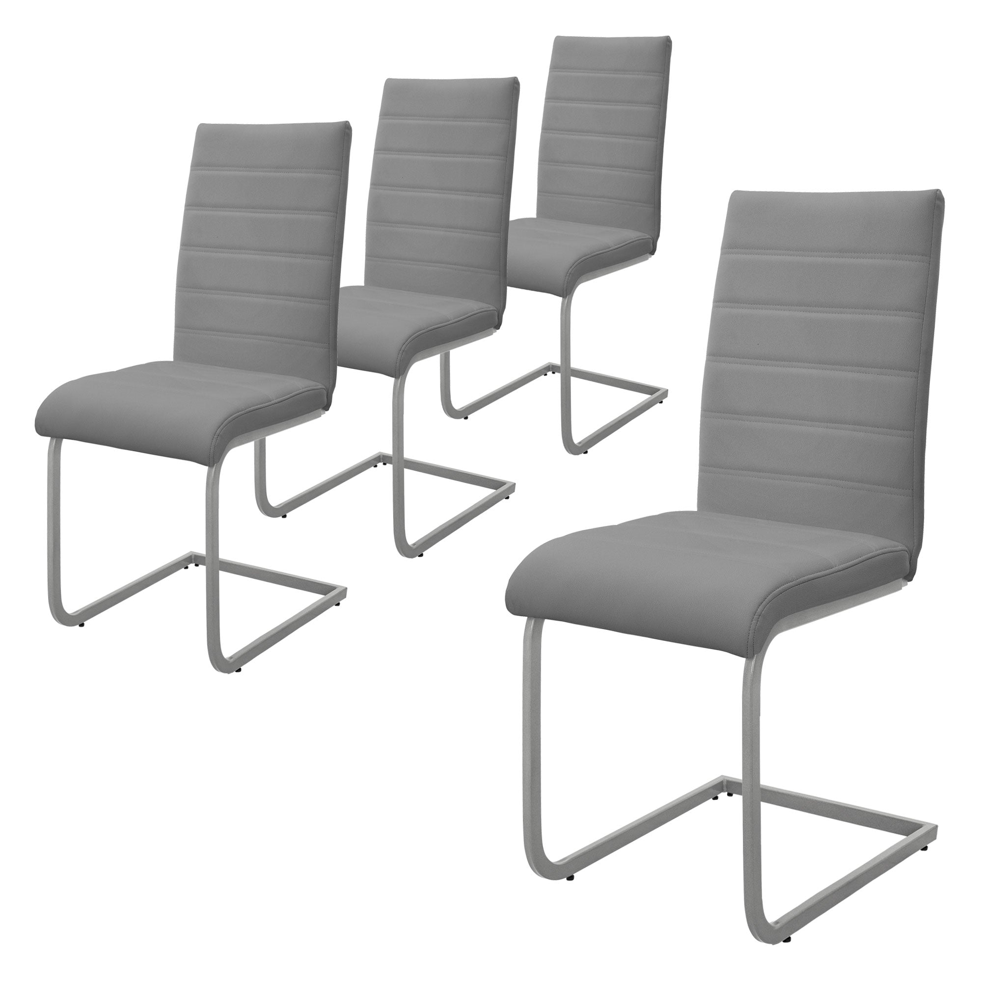Vier graue Stühle mit einem modernen Design auf einem weißen Hintergrund.