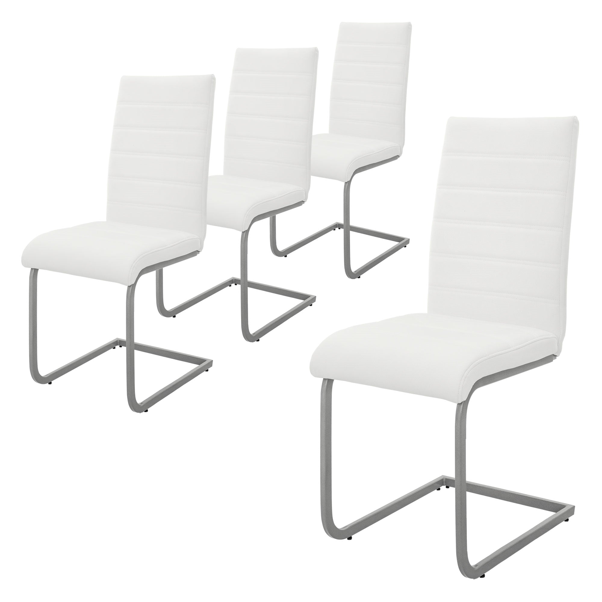 Vier weiße Stühle mit einem modernen Design auf einem weißen Hintergrund.
