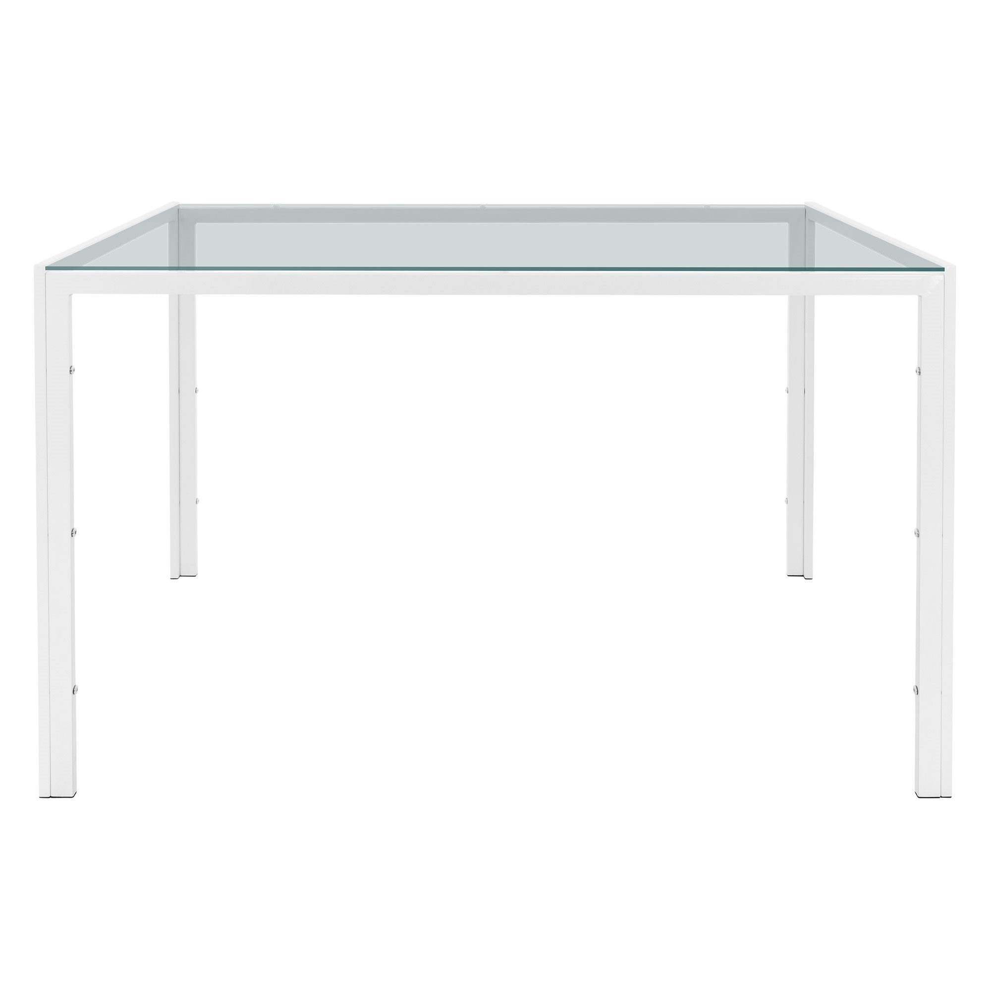 Weißer Tisch mit Glasplatte, frontal aufgenommen.