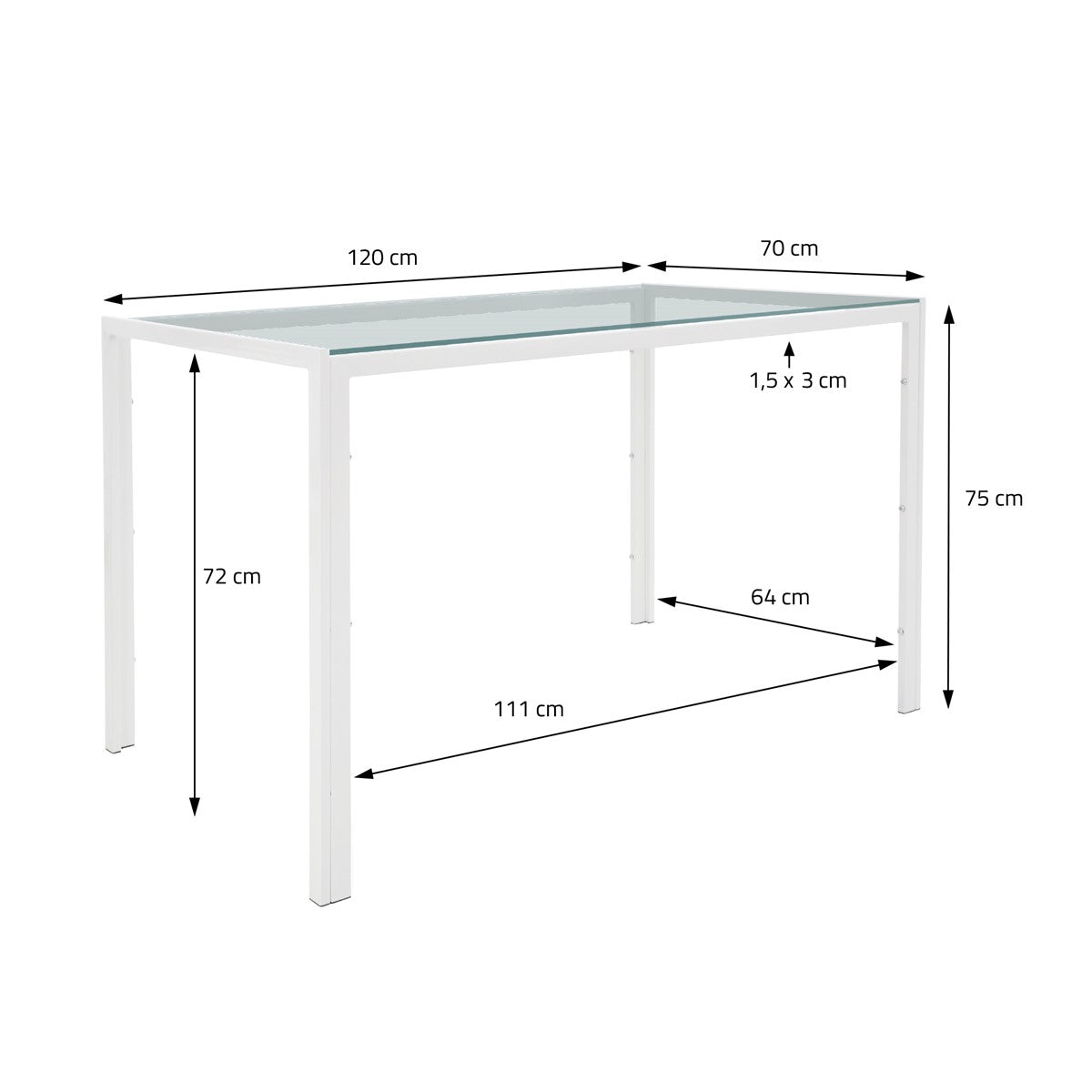 Table blanche avec plateau en verre, dimensions : 120 cm x 70 cm, hauteur 75 cm.