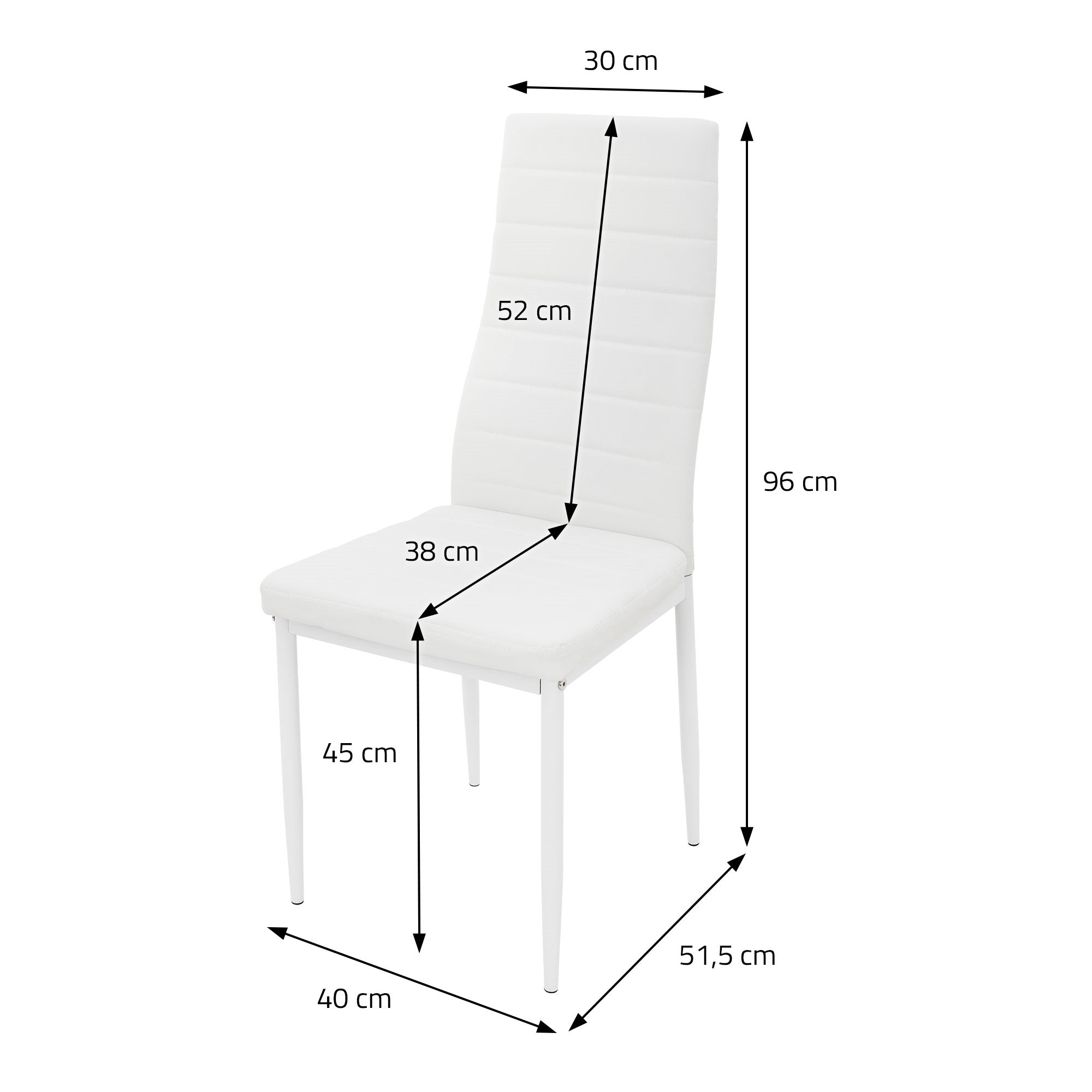 Weißer Stuhl mit Maßen: 30 cm Breite, 96 cm Höhe, 40 cm Tiefe.